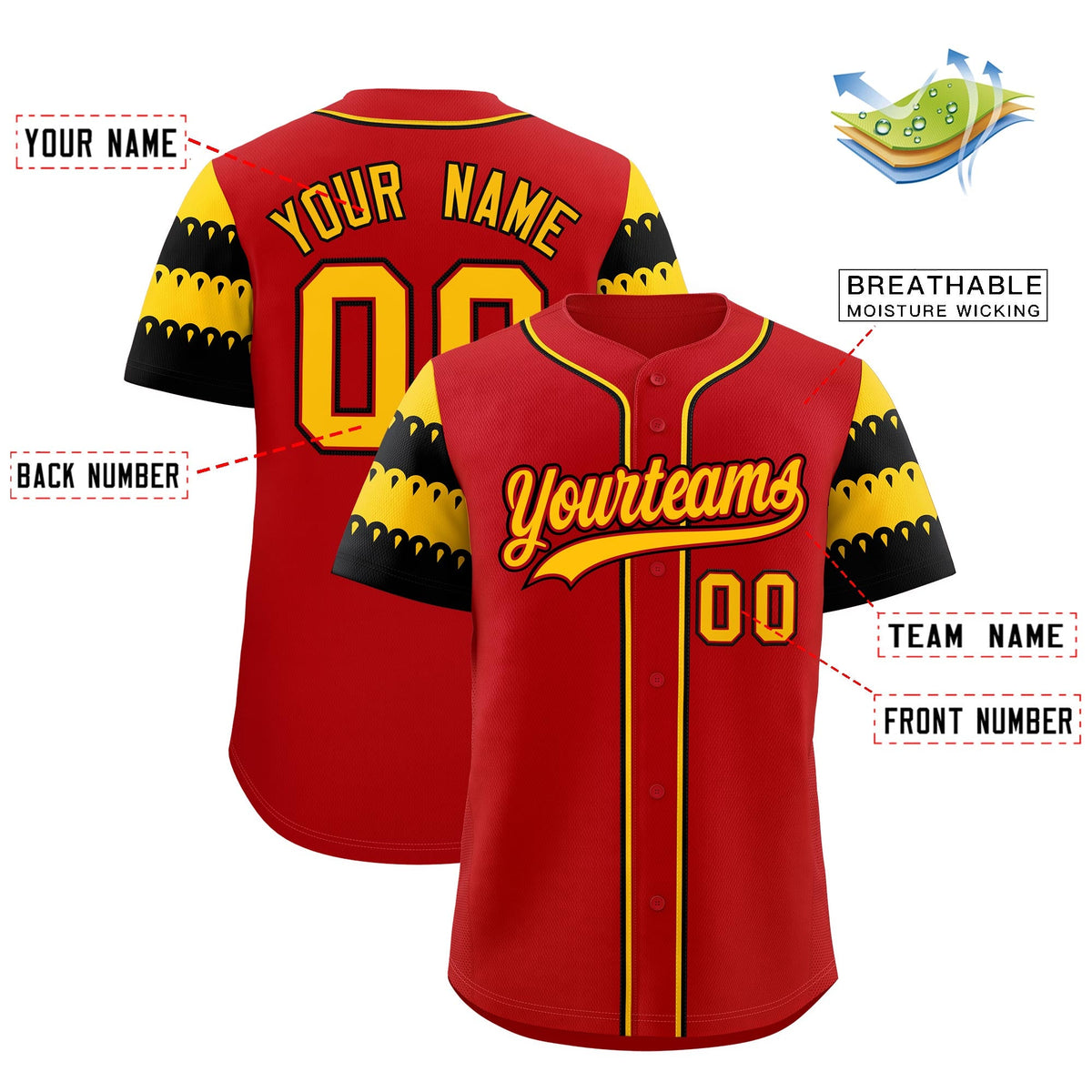 Custom Red Gold Black Sleeve Flag Lace Baseball Jersey | Sublimation Printed &amp; Embroidery,Add Name and Numbern,Perfect for Teams | KXKSHOP