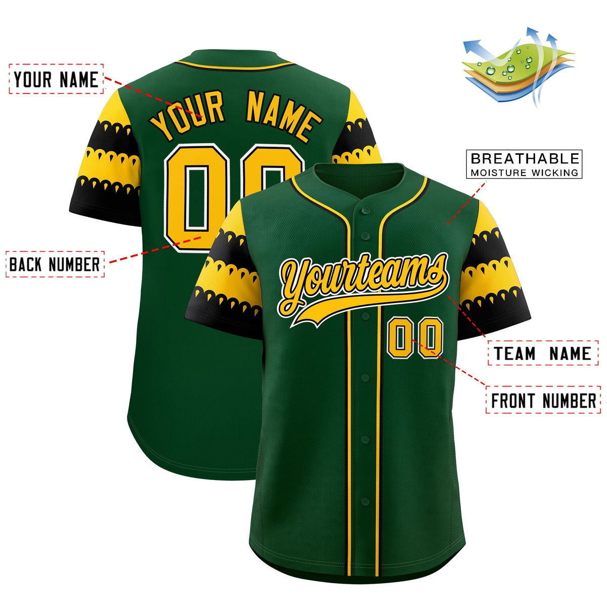 Custom Green Gold Black Sleeve Flag Lace Baseball Jersey | Sublimation Printed &amp; Embroidery,Add Name and Numbern,Perfect for Teams | KXKSHOP