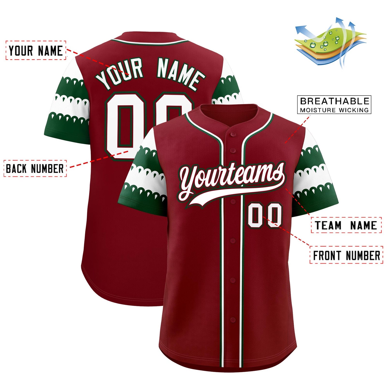 Custom Crimson Green White Sleeve Flag Lace Baseball Jersey | Sublimation Printed & Embroidery,Add Name and Numbern,Perfect for Teams | KXKSHOP