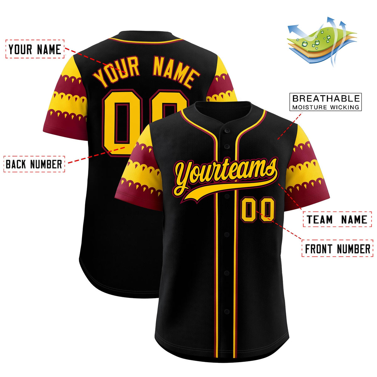 Custom Black Crimson Gold Sleeve Flag Lace Baseball Jersey | Sublimation Printed &amp; Embroidery,Add Name and Numbern,Perfect for Teams | KXKSHOP