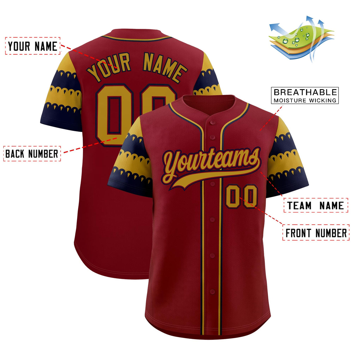 Custom Crimson Old Gold Navy Sleeve Flag Lace Baseball Jersey | Sublimation Printed &amp; Embroidery,Add Name and Numbern,Perfect for Teams | KXKSHOP