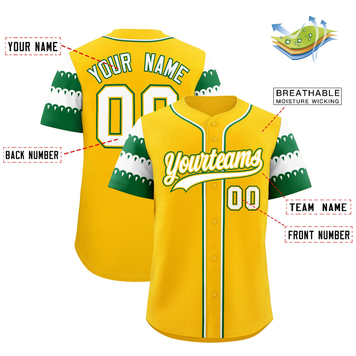 Custom Gold Kelly Green White Sleeve Flag Lace Baseball Jersey | Sublimation Printed &amp; Embroidery,Add Name and Numbern,Perfect for Teams | KXKSHOP