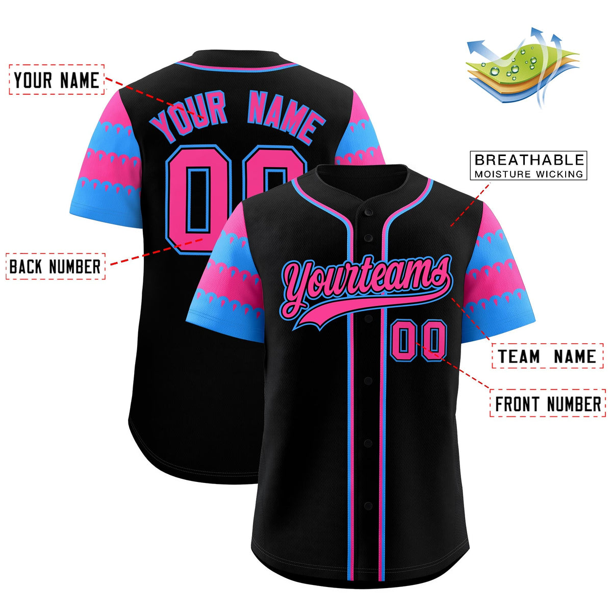 Custom Black Pink Powder Blue Sleeve Flag Lace Baseball Jersey | Sublimation Printed &amp; Embroidery,Add Name and Numbern,Perfect for Teams | KXKSHOP