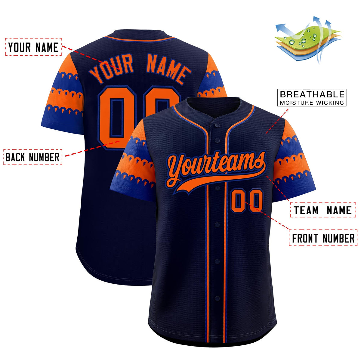 Custom Navy Orange Royal Sleeve Flag Lace Baseball Jersey | Sublimation Printed &amp; Embroidery,Add Name and Numbern,Perfect for Teams | KXKSHOP