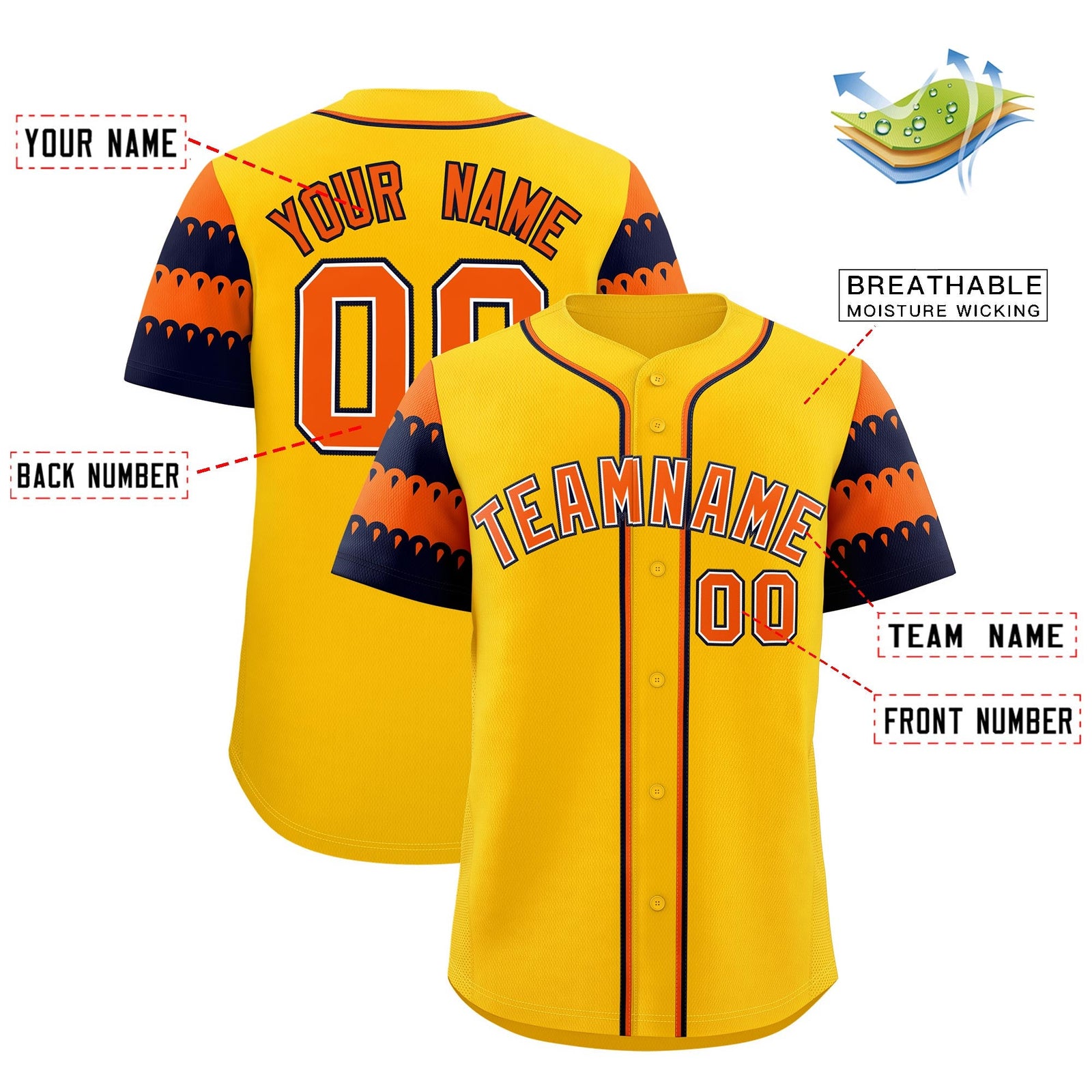 Custom Gold Orange Navy Sleeve Flag Lace Baseball Jersey | Sublimation Printed & Embroidery,Add Name and Numbern,Perfect for Teams | KXKSHOP