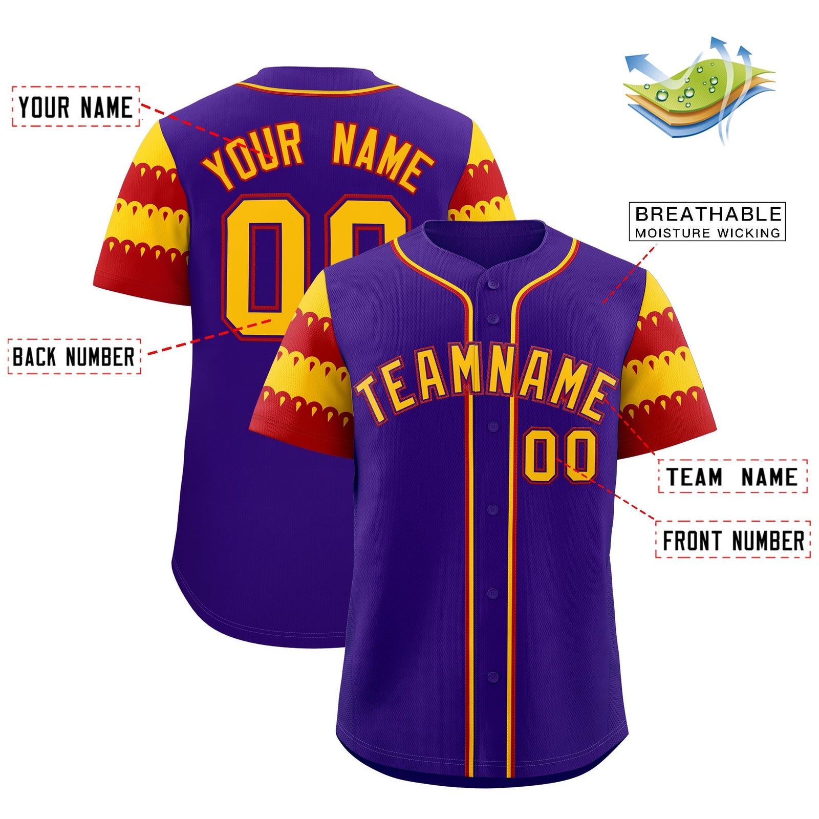 Custom Purple Gold Red Sleeve Flag Lace Baseball Jersey | Sublimation Printed & Embroidery,Add Name and Numbern,Perfect for Teams | KXKSHOP