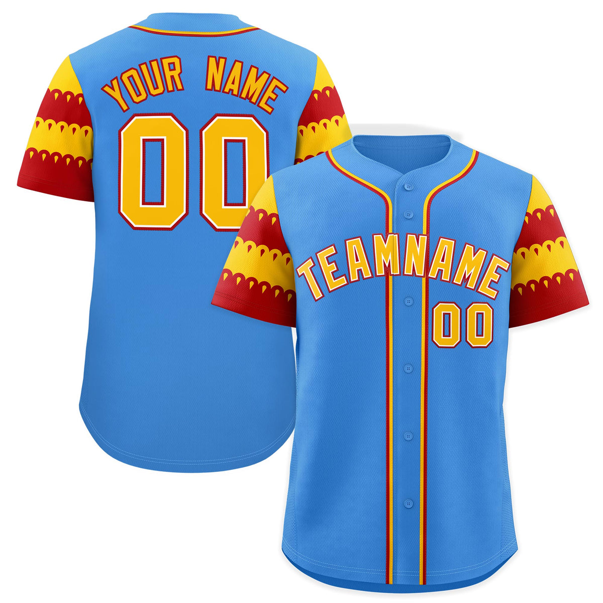 Custom Powder Blue Gold Red Sleeve Flag Lace Baseball Jersey | Sublimation Printed &amp; Embroidery,Add Name and Numbern,Perfect for Teams | KXKSHOP