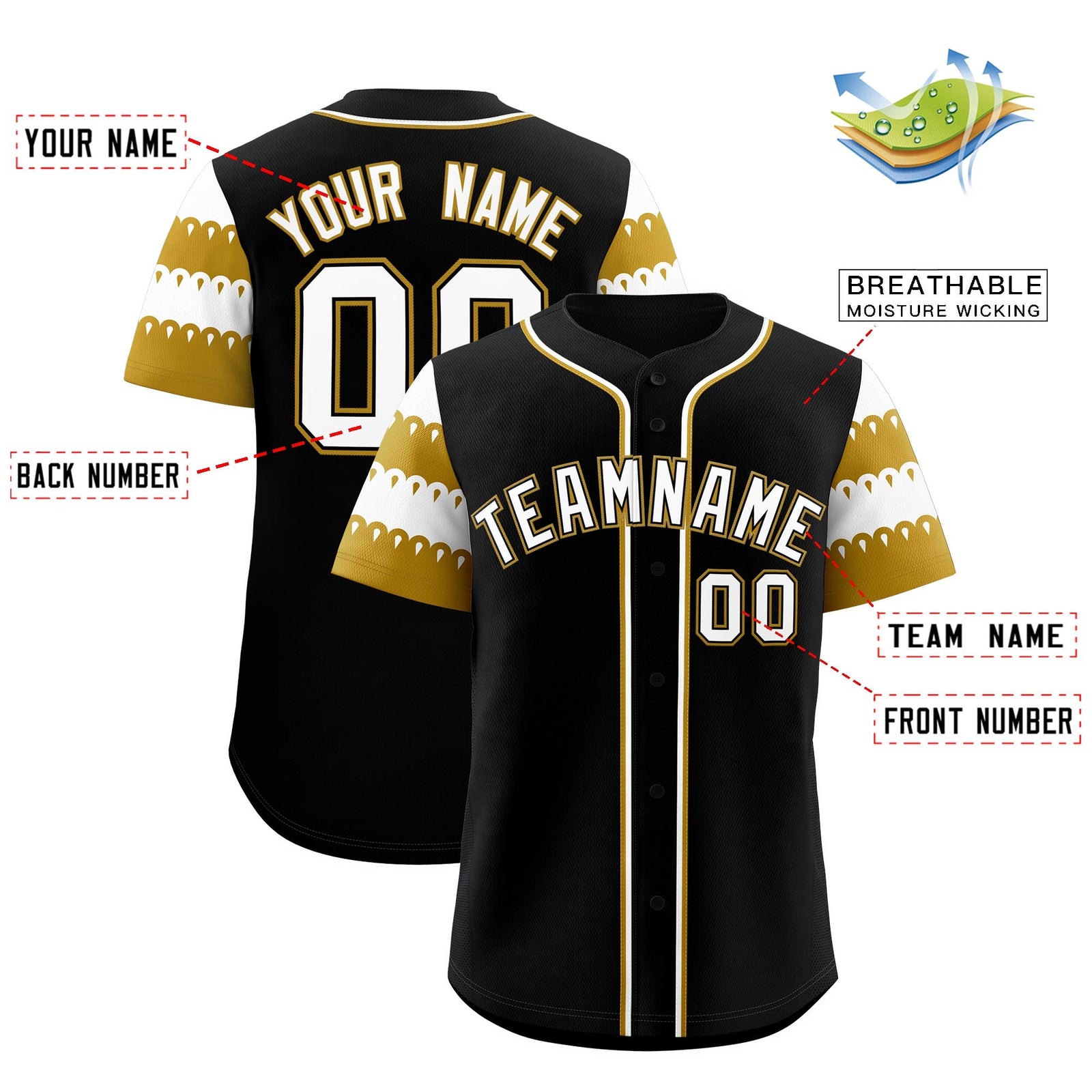 Custom Black Old Gold White Sleeve Flag Lace Baseball Jersey | Sublimation Printed & Embroidery,Add Name and Numbern,Perfect for Teams | KXKSHOP