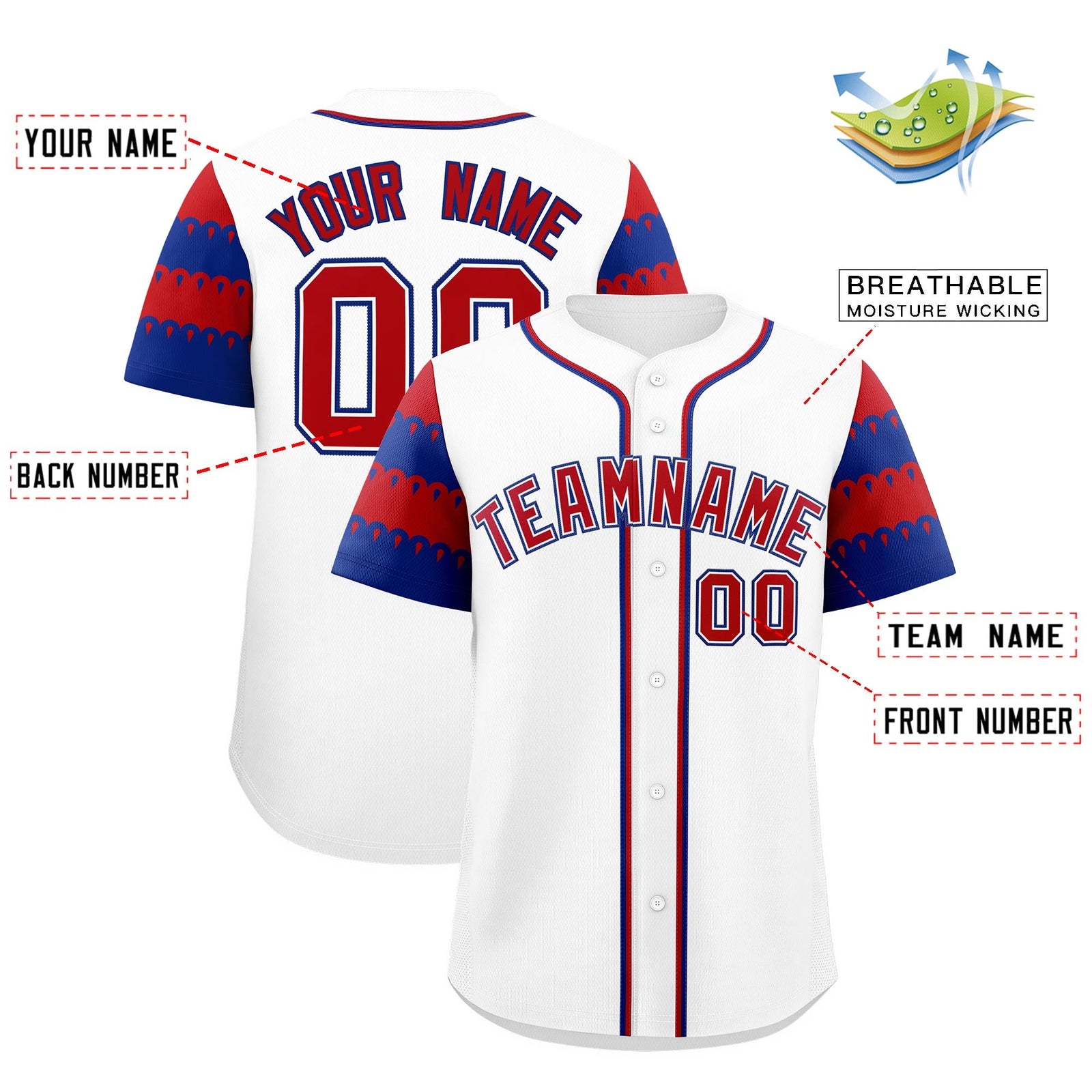 Custom White Royal Red Sleeve Flag Lace Baseball Jersey | Sublimation Printed & Embroidery,Add Name and Numbern,Perfect for Teams | KXKSHOP