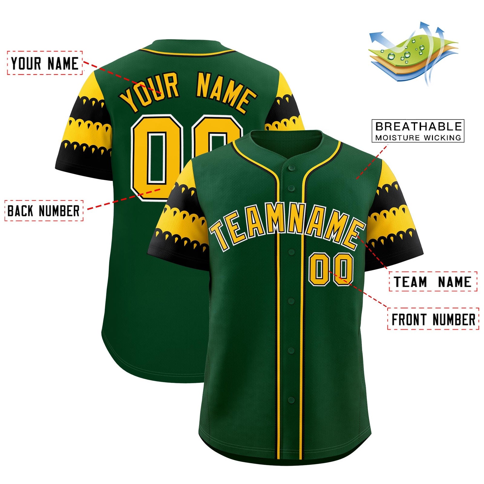 Custom Green Gold Black Sleeve Flag Lace Baseball Jersey | Sublimation Printed & Embroidery,Add Name and Numbern,Perfect for Teams | KXKSHOP