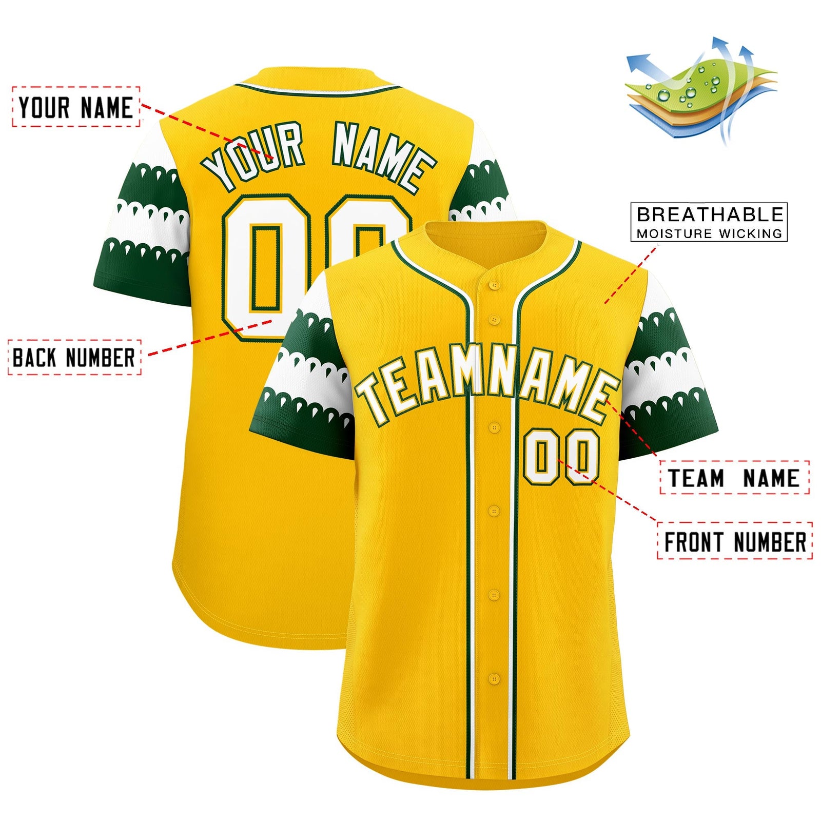 Custom Gold Green White Sleeve Flag Lace Baseball Jersey | Sublimation Printed & Embroidery,Add Name and Numbern,Perfect for Teams | KXKSHOP