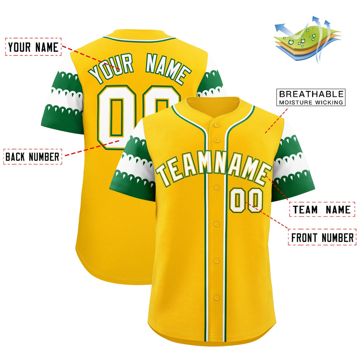 Custom Gold Kelly Green White Sleeve Flag Lace Baseball Jersey | Sublimation Printed &amp; Embroidery,Add Name and Numbern,Perfect for Teams | KXKSHOP