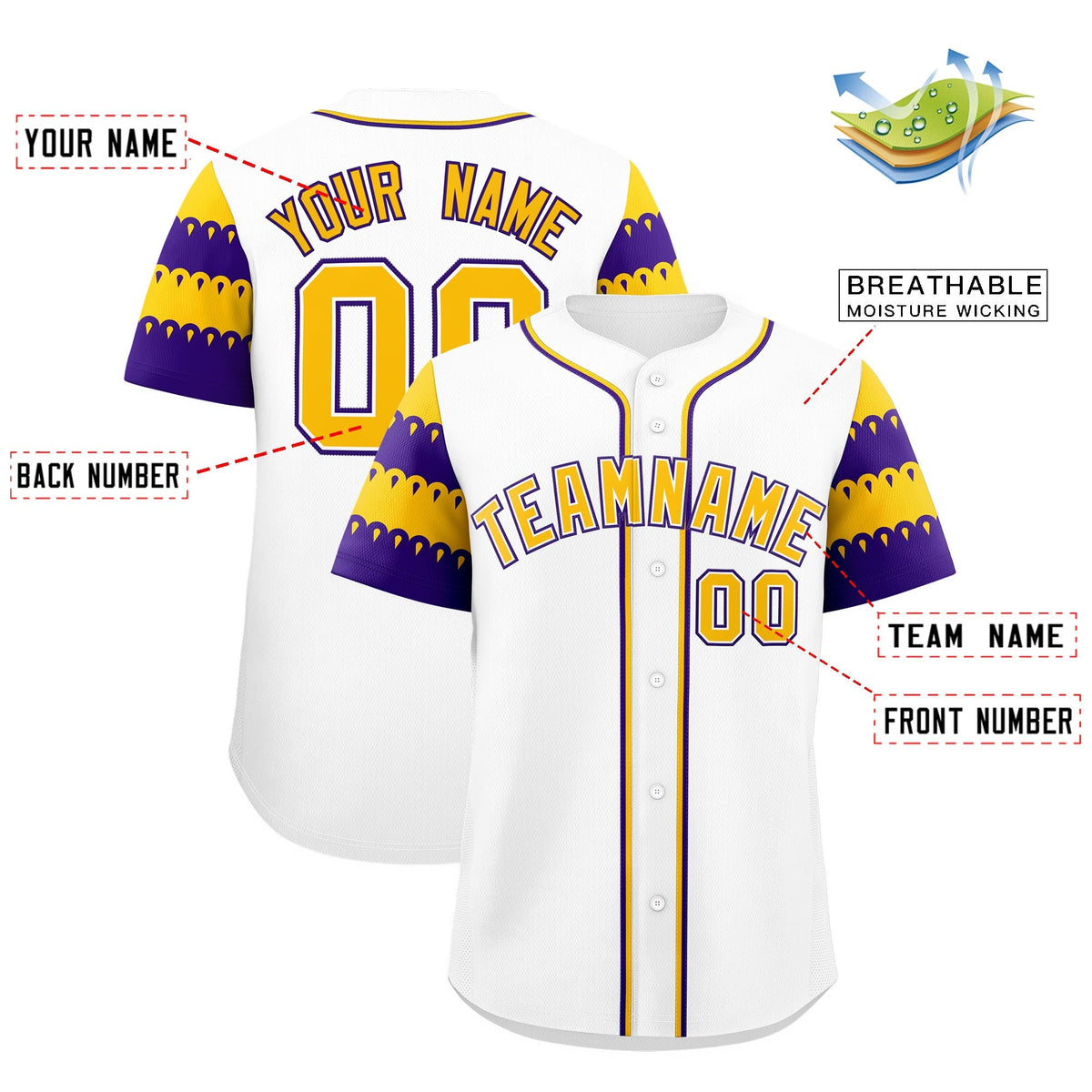 Custom White Gold Purple Sleeve Flag Lace Baseball Jersey | Sublimation Printed & Embroidery,Add Name and Numbern,Perfect for Teams | KXKSHOP