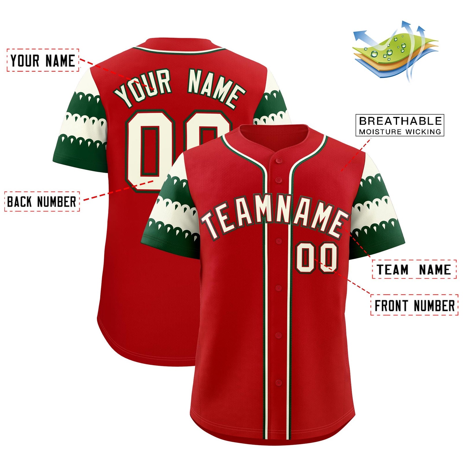 Custom Red White Green Sleeve Flag Lace Baseball Jersey | Sublimation Printed & Embroidery,Add Name and Numbern,Perfect for Teams | KXKSHOP
