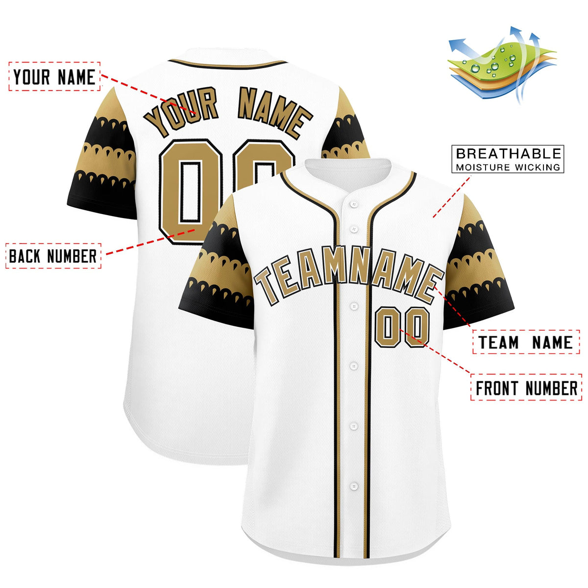 Custom White Old Gold Black Sleeve Flag Lace Baseball Jersey | Sublimation Printed &amp; Embroidery,Add Name and Numbern,Perfect for Teams | KXKSHOP