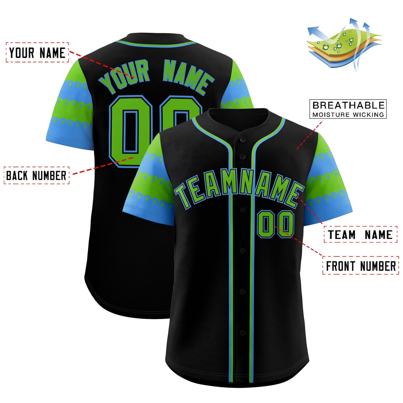 Custom Black Green Powder Blue Sleeve Flag Lace Baseball Jersey | Sublimation Printed & Embroidery,Add Name and Numbern,Perfect for Teams | KXKSHOP