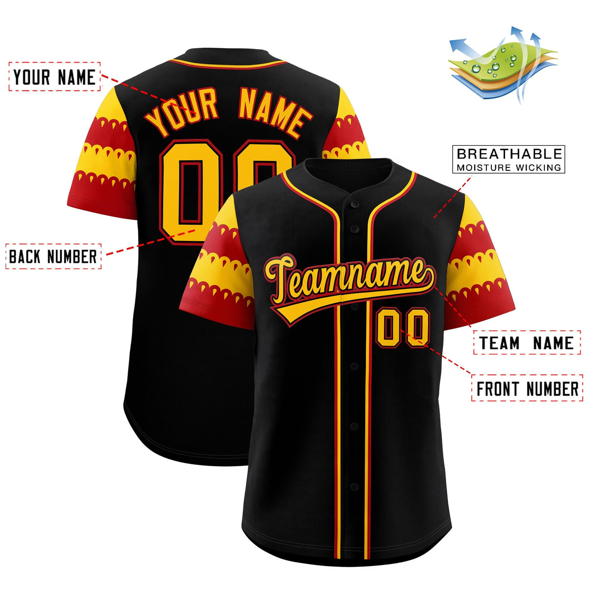 Custom Black Gold Red Sleeve Flag Lace Baseball Jersey | Sublimation Printed &amp; Embroidery,Add Name and Numbern,Perfect for Teams | KXKSHOP