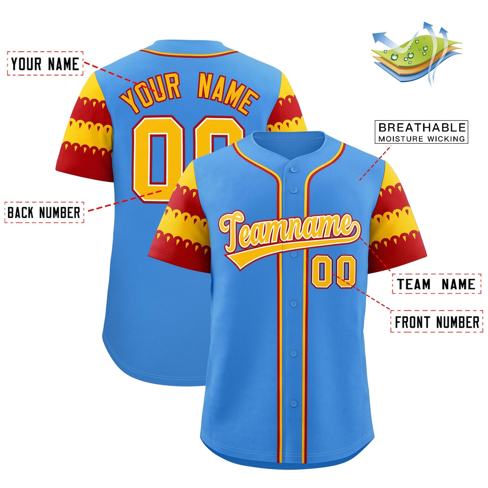 Custom Powder Blue Gold Red Sleeve Flag Lace Baseball Jersey | Sublimation Printed & Embroidery,Add Name and Numbern,Perfect for Teams | KXKSHOP
