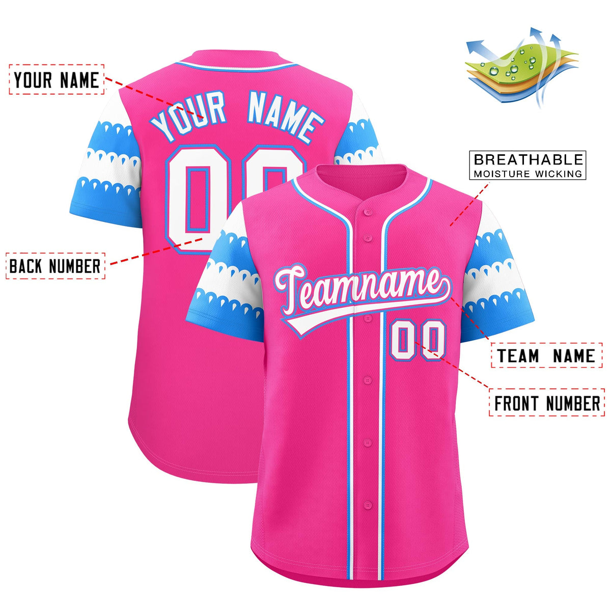 Custom Pink Powder Blue White Sleeve Flag Lace Baseball Jersey | Sublimation Printed &amp; Embroidery,Add Name and Numbern,Perfect for Teams | KXKSHOP