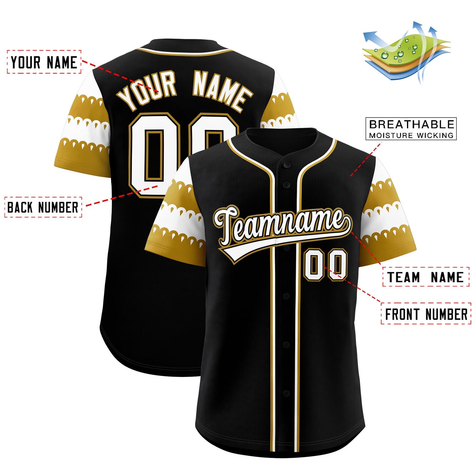 Custom Black Old Gold White Sleeve Flag Lace Baseball Jersey | Sublimation Printed & Embroidery,Add Name and Numbern,Perfect for Teams | KXKSHOP