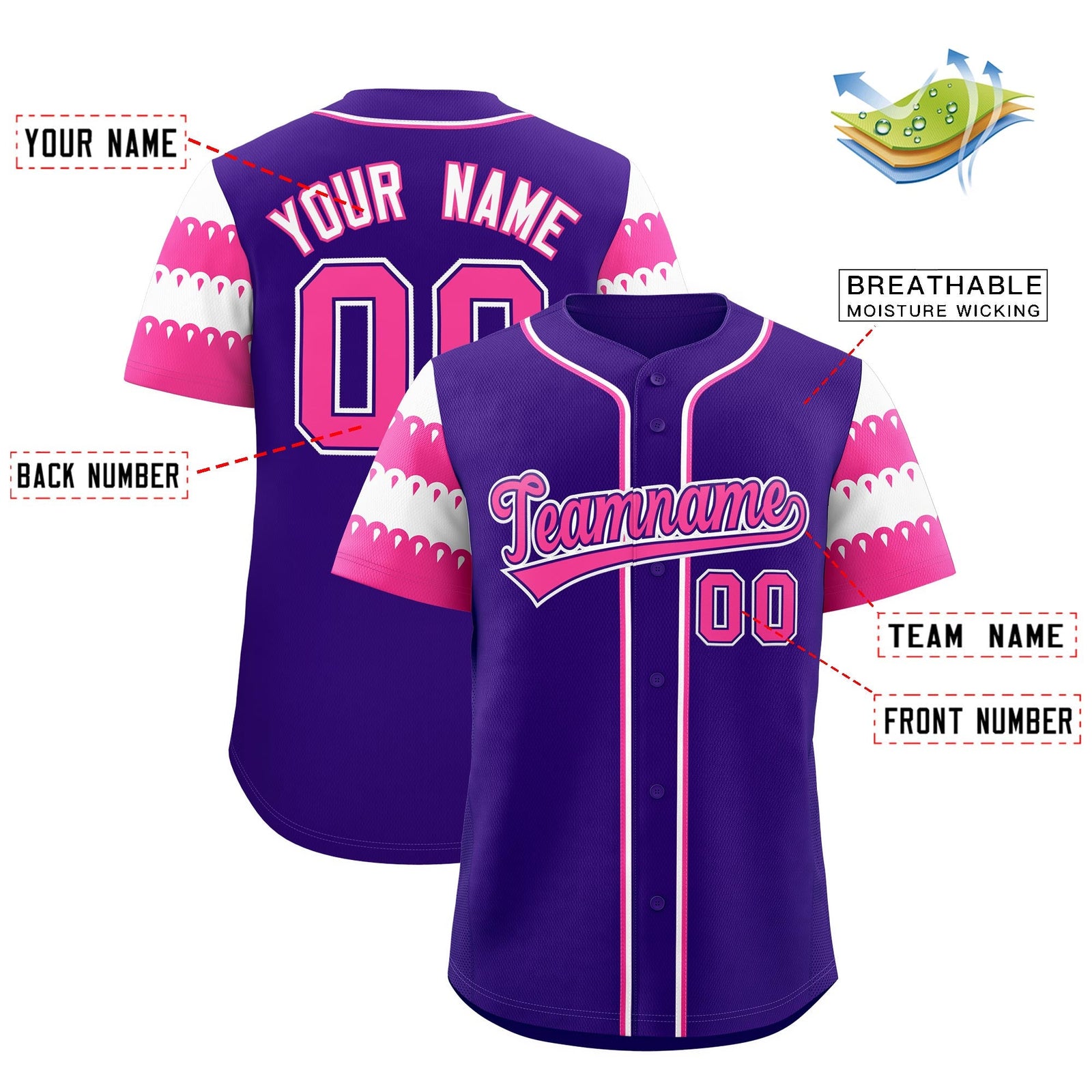 Custom Purple Pink White Sleeve Flag Lace Baseball Jersey | Sublimation Printed & Embroidery,Add Name and Numbern,Perfect for Teams | KXKSHOP