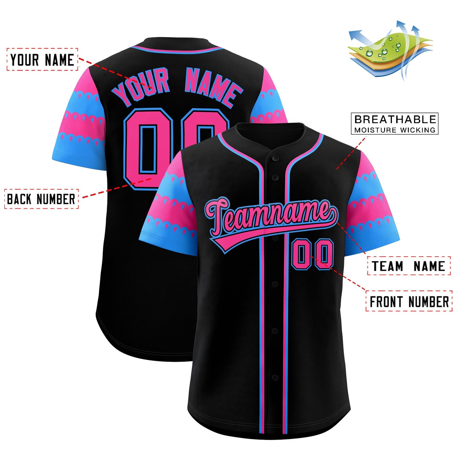 Custom Black Pink Powder Blue Sleeve Flag Lace Baseball Jersey | Sublimation Printed & Embroidery,Add Name and Numbern,Perfect for Teams | KXKSHOP