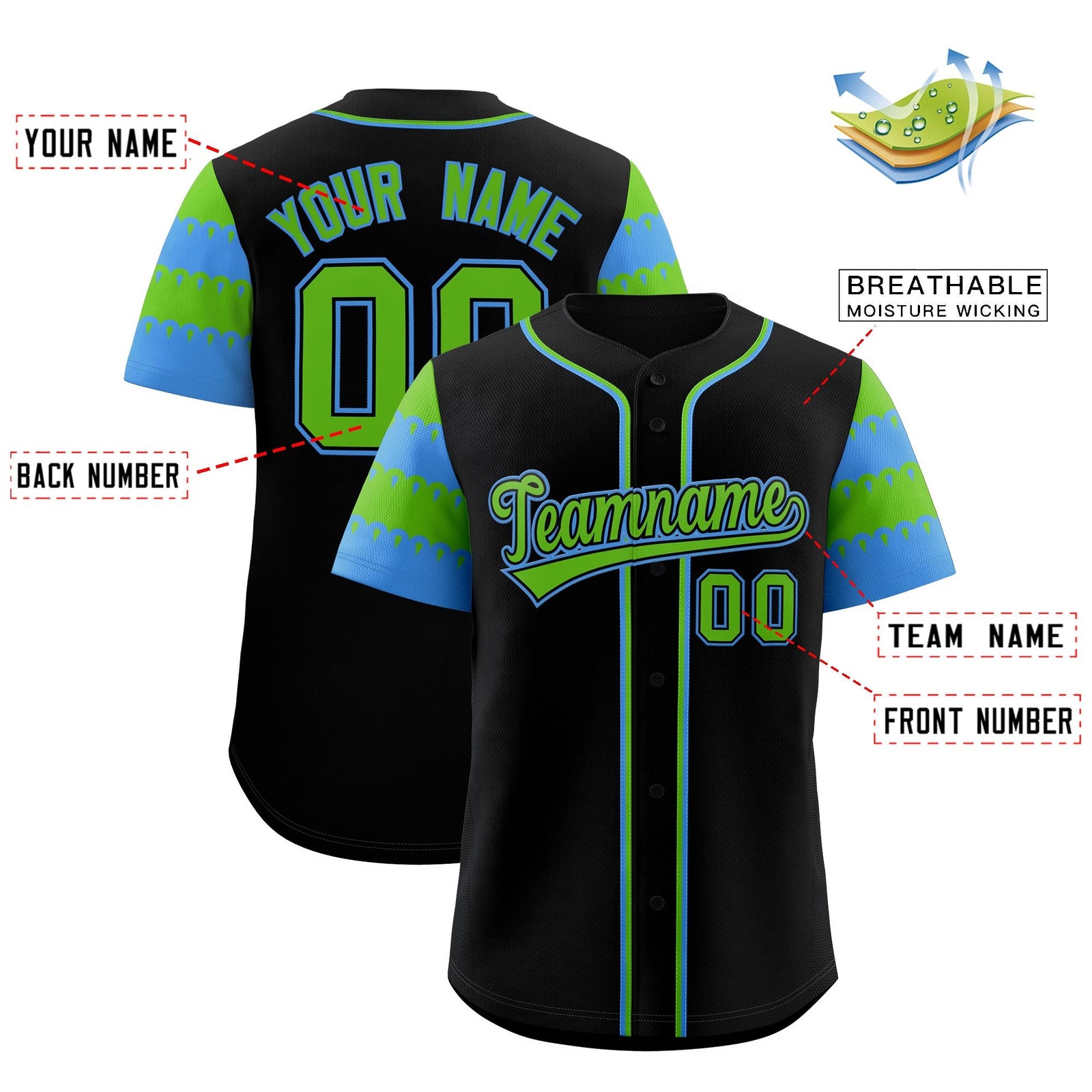 Custom Black Green Powder Blue Sleeve Flag Lace Baseball Jersey | Sublimation Printed & Embroidery,Add Name and Numbern,Perfect for Teams | KXKSHOP