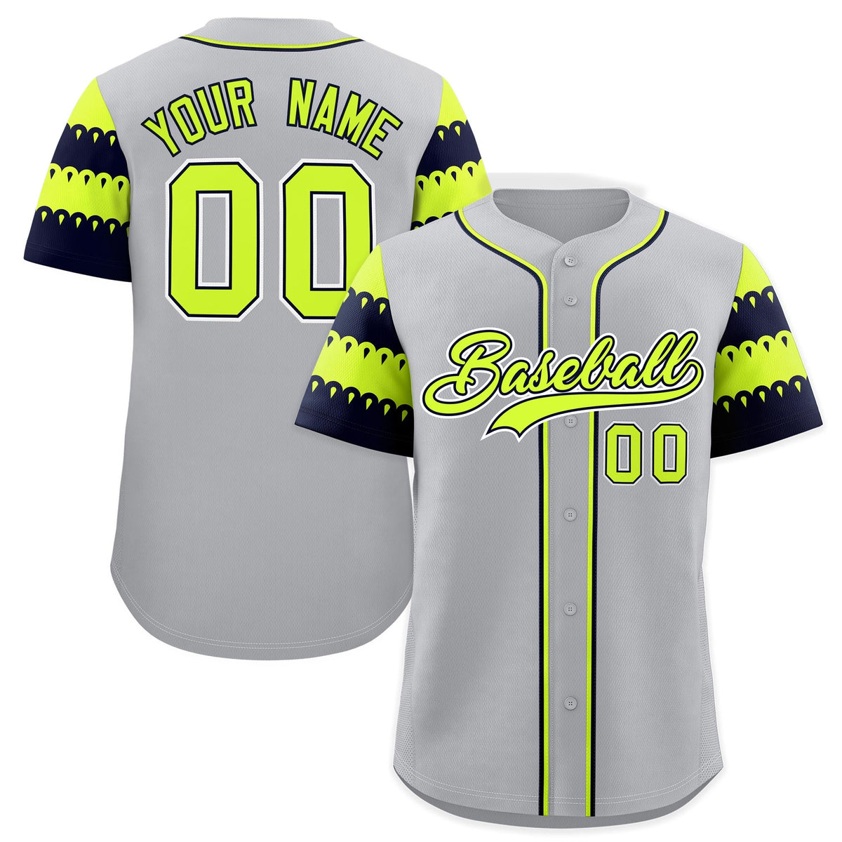 Custom Gray Navy Fluorescent Green Sleeve Flag Lace Baseball Jersey | Sublimation Printed &amp; Embroidery,Add Name and Numbern,Perfect for Teams | KXKSHOP