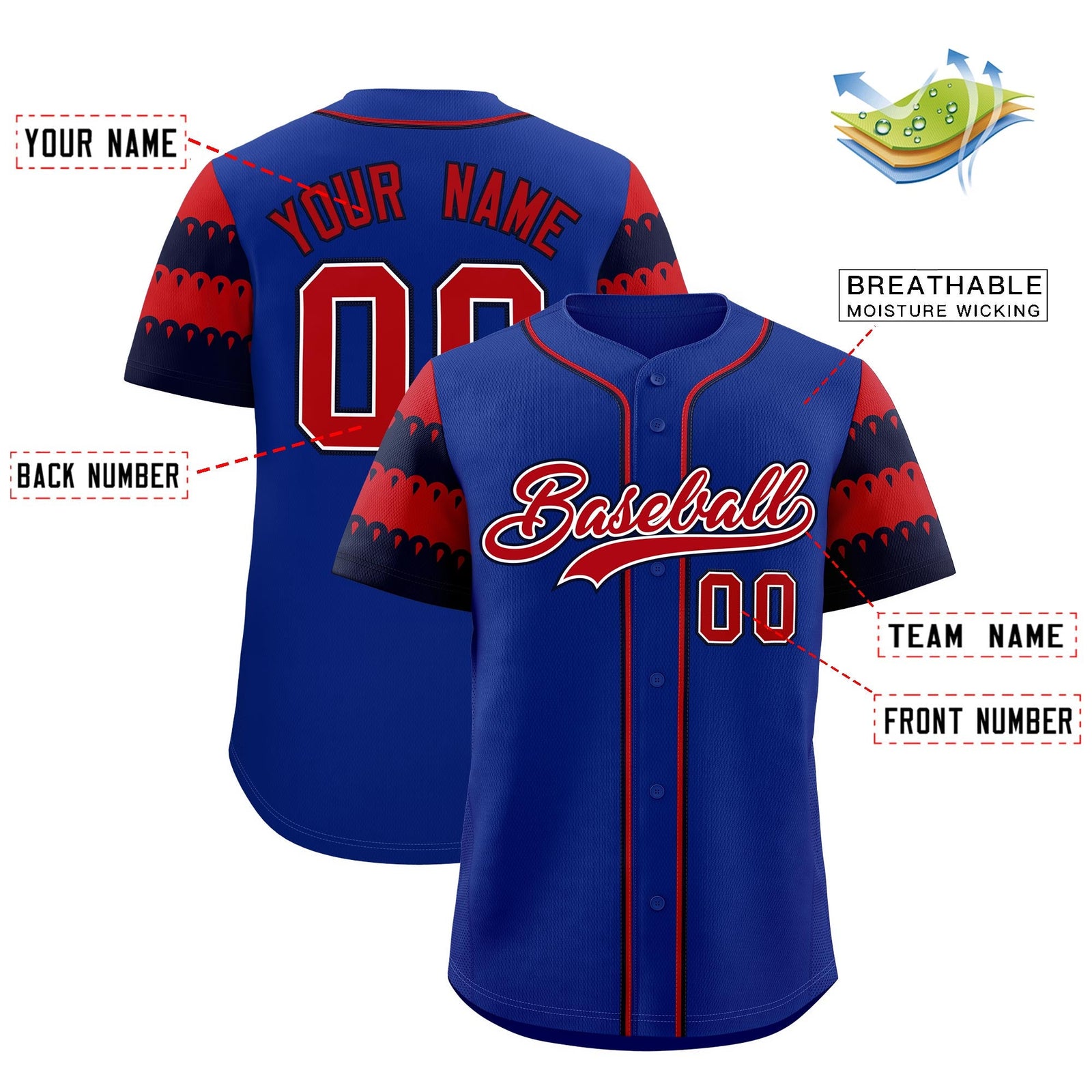 Custom Royal Red Navy Sleeve Flag Lace Baseball Jersey | Sublimation Printed & Embroidery,Add Name and Numbern,Perfect for Teams | KXKSHOP