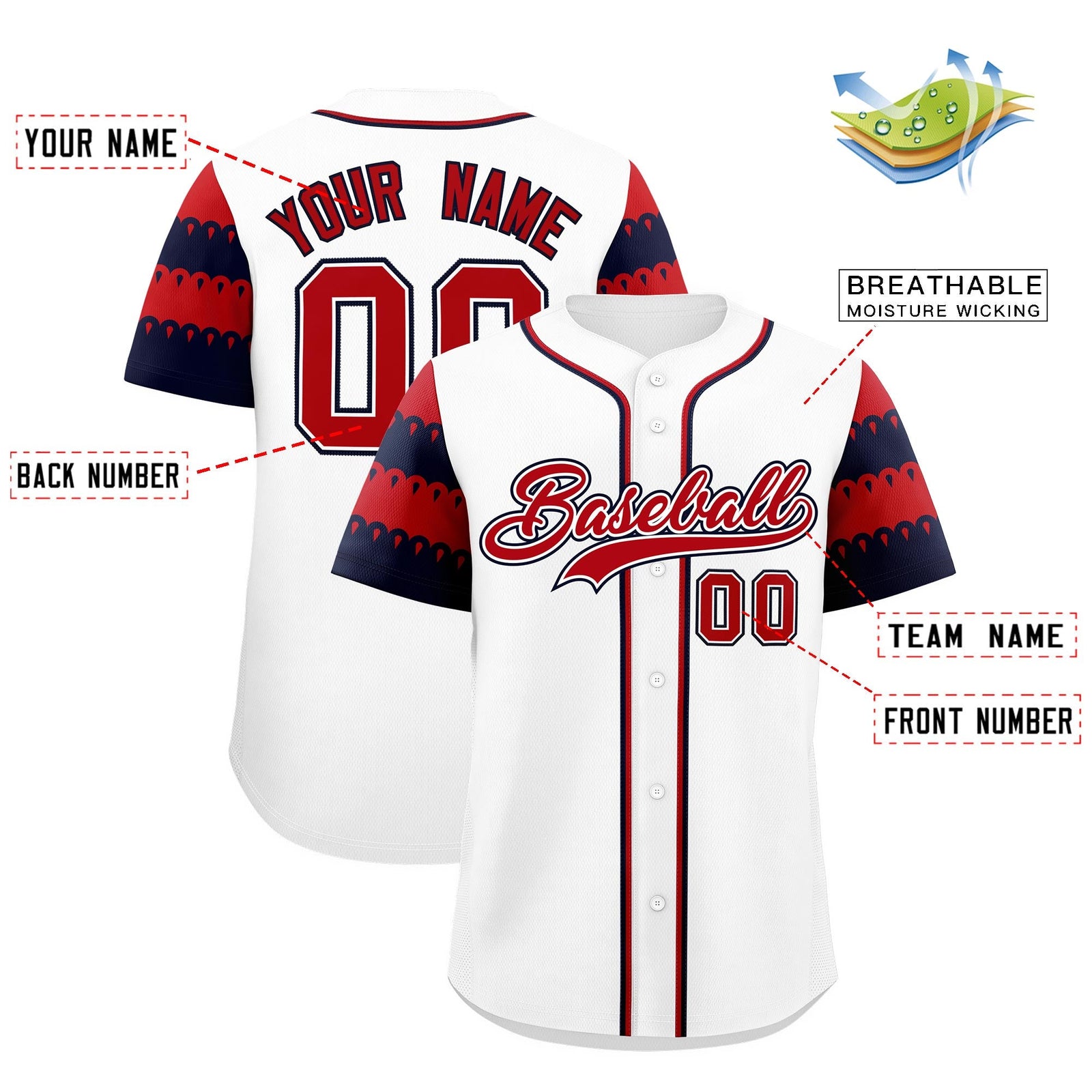 Custom White Red Navy Sleeve Flag Lace Baseball Jersey | Sublimation Printed & Embroidery,Add Name and Numbern,Perfect for Teams | KXKSHOP