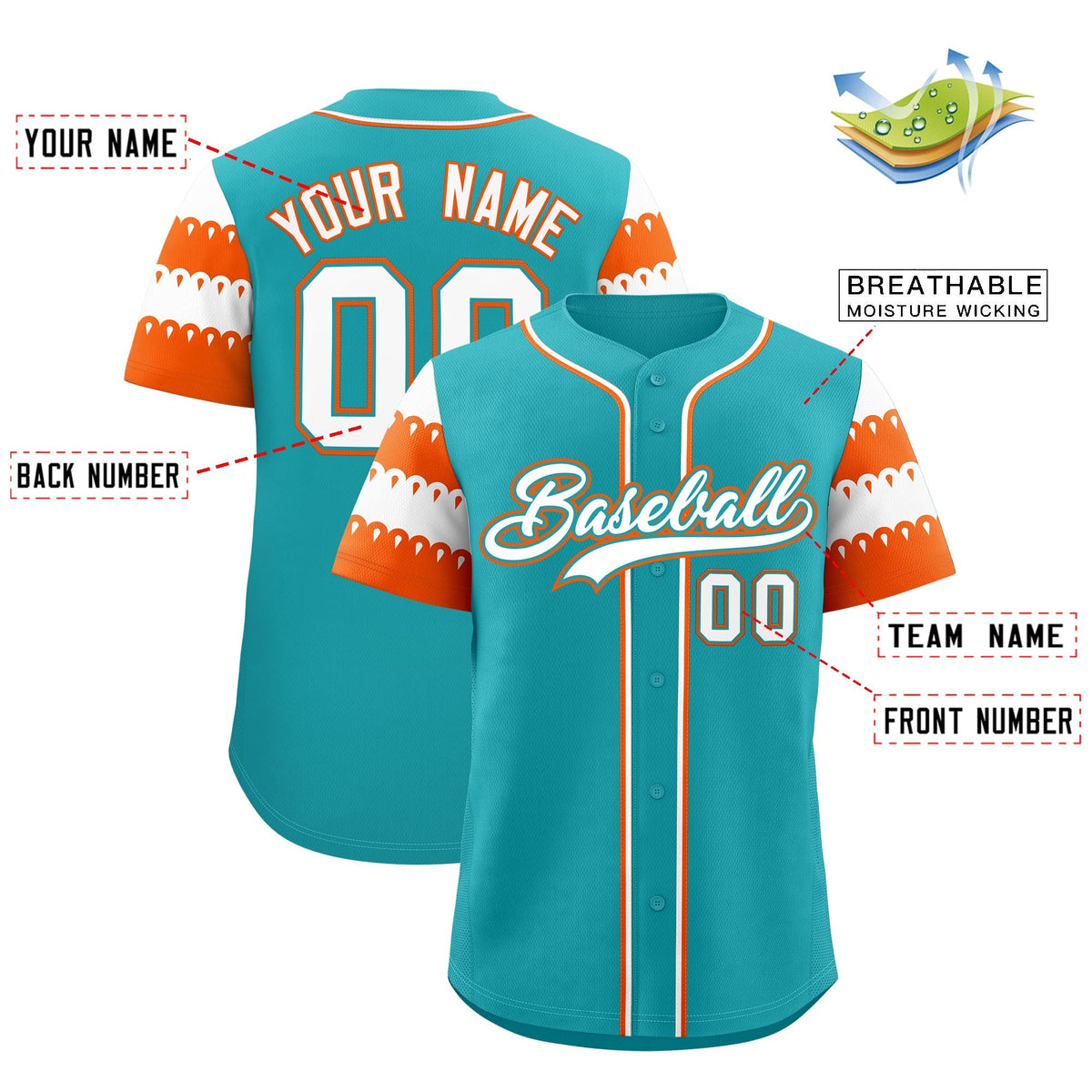 Custom Aqua Orange White Sleeve Flag Lace Baseball Jersey | Sublimation Printed &amp; Embroidery,Add Name and Numbern,Perfect for Teams | KXKSHOP