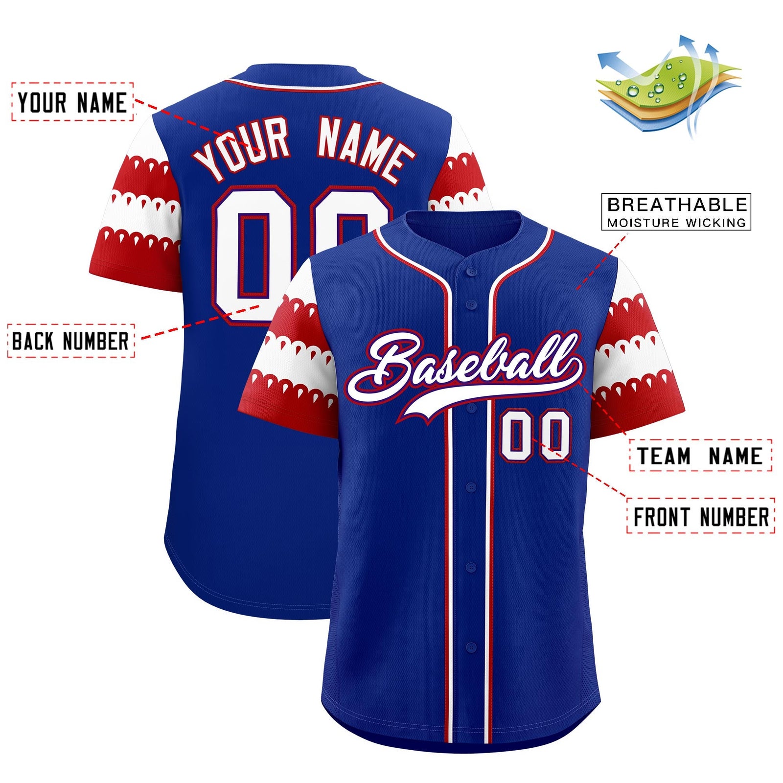 Custom Royal Red White Sleeve Flag Lace Baseball Jersey | Sublimation Printed & Embroidery,Add Name and Numbern,Perfect for Teams | KXKSHOP