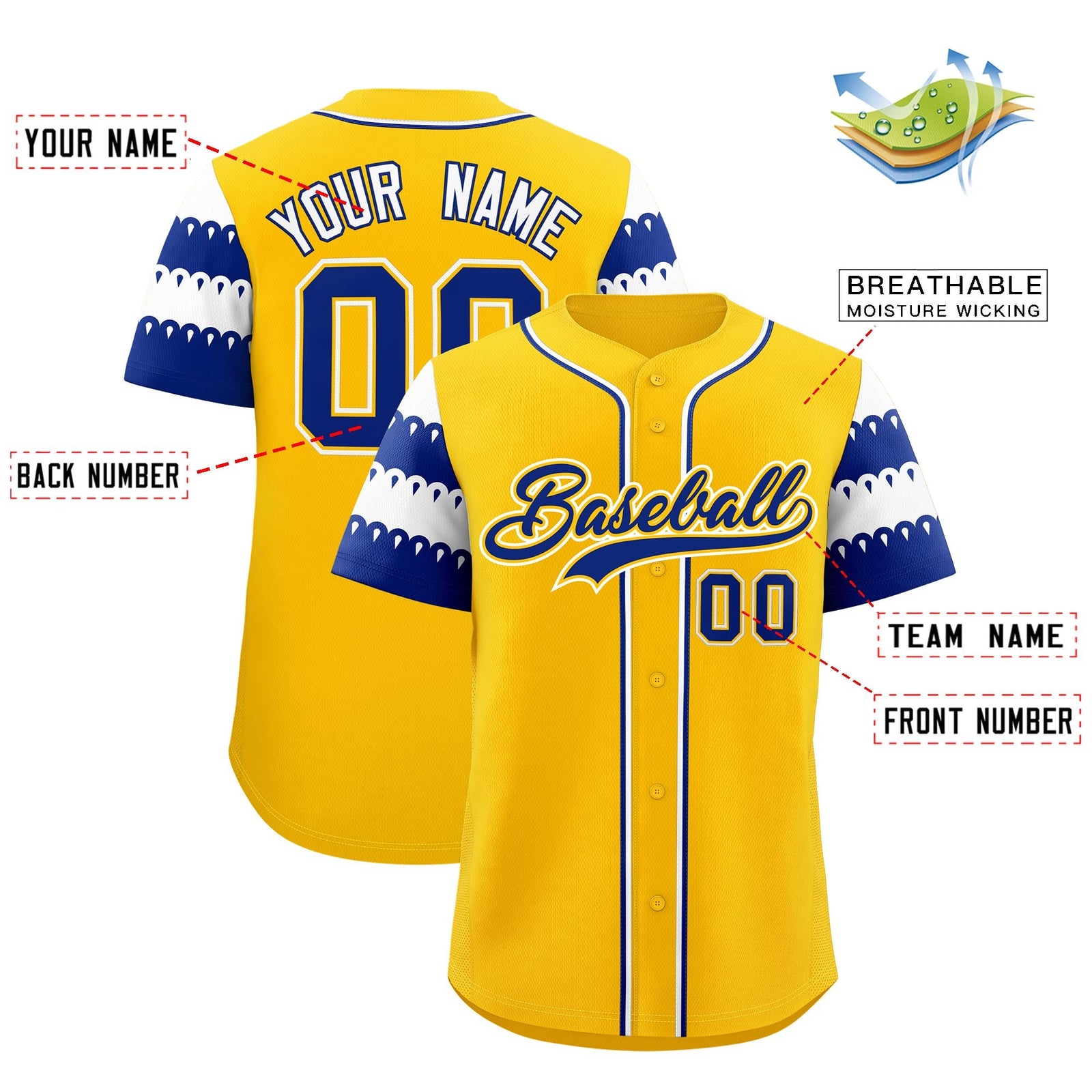 Custom Gold Royal White Sleeve Flag Lace Baseball Jersey | Sublimation Printed & Embroidery,Add Name and Numbern,Perfect for Teams | KXKSHOP