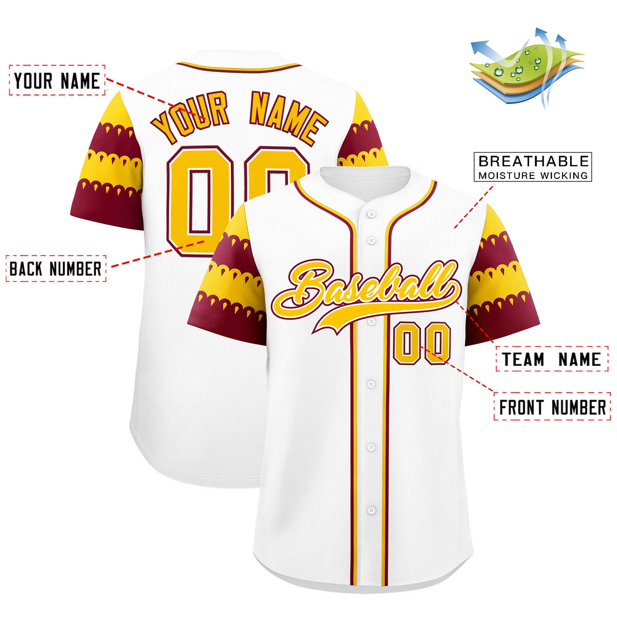 Custom White Crimson Gold Sleeve Flag Lace Baseball Jersey | Sublimation Printed & Embroidery,Add Name and Numbern,Perfect for Teams | KXKSHOP