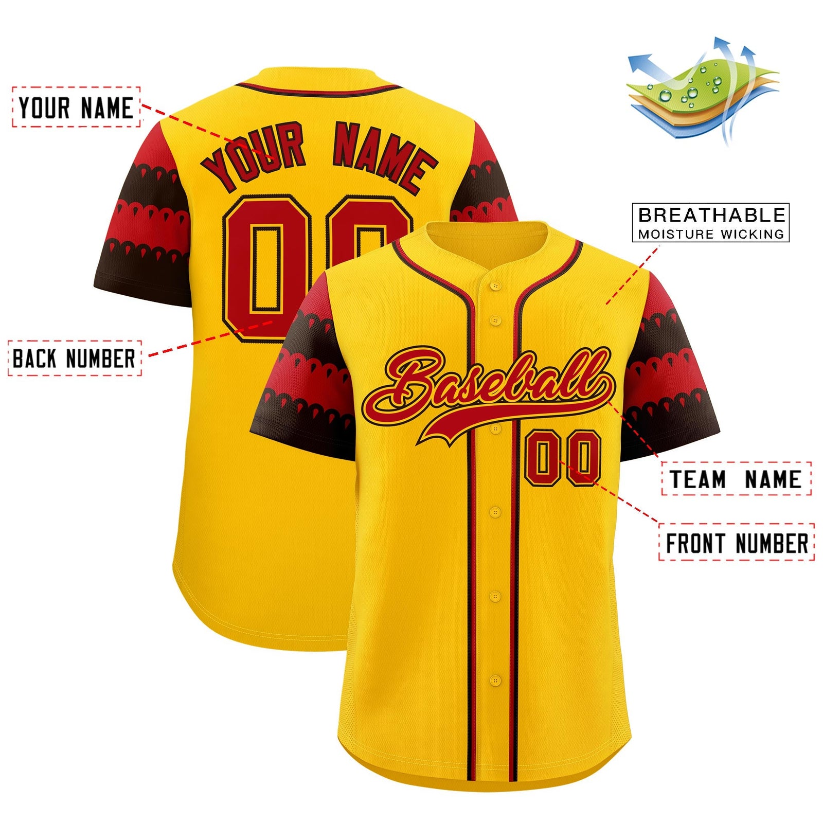 Custom Gold Red Black Sleeve Flag Lace Baseball Jersey | Sublimation Printed & Embroidery,Add Name and Numbern,Perfect for Teams | KXKSHOP