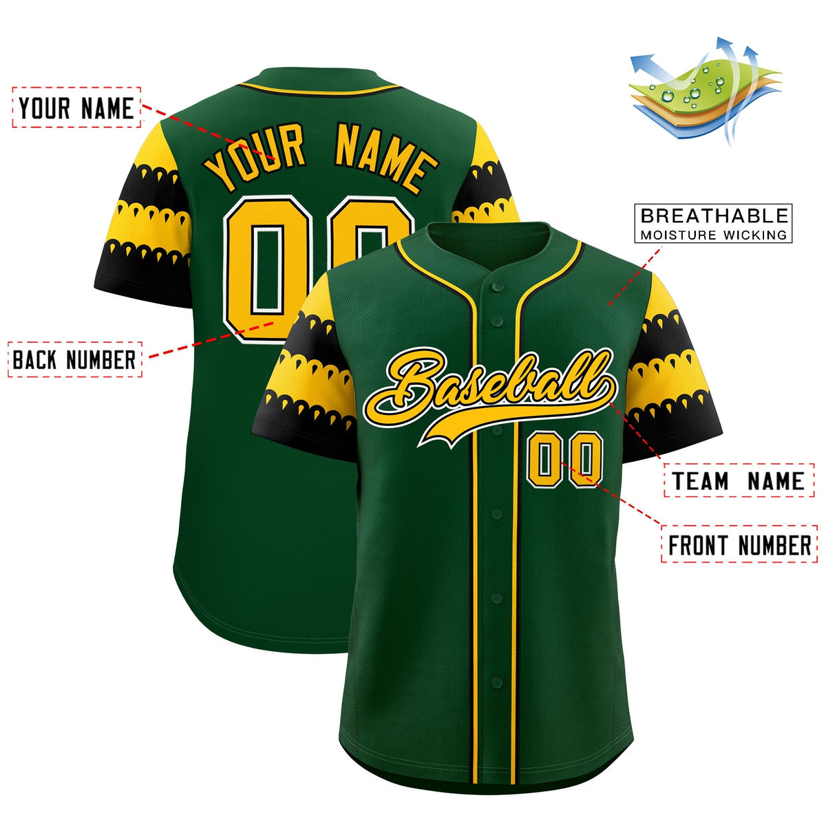 Custom Green Gold Black Sleeve Flag Lace Baseball Jersey | Sublimation Printed &amp; Embroidery,Add Name and Numbern,Perfect for Teams | KXKSHOP