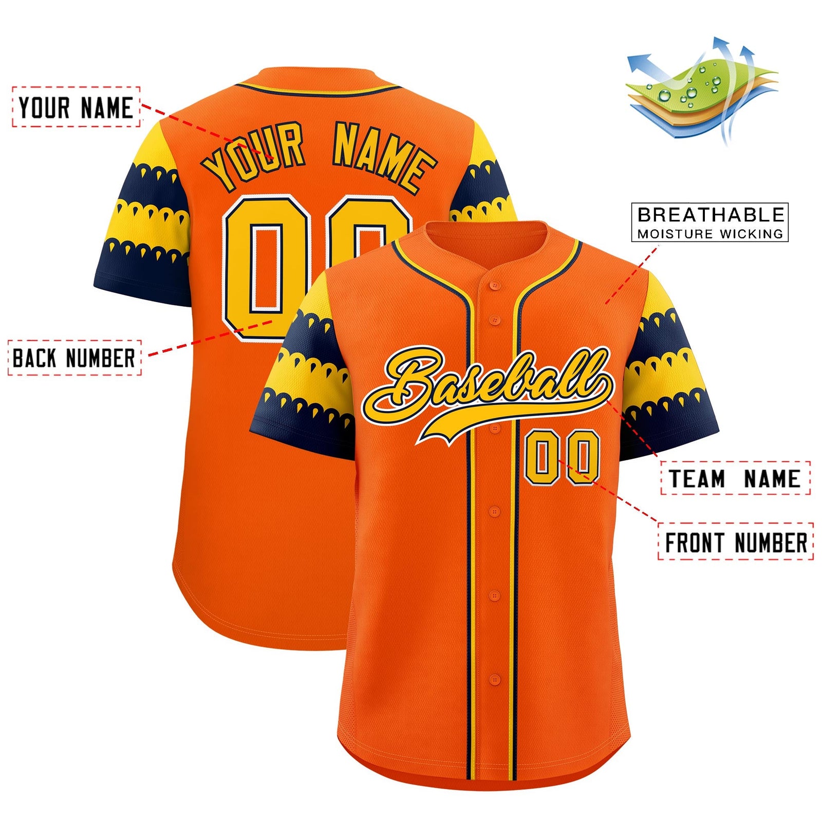 Custom Orange Gold Navy Sleeve Flag Lace Baseball Jersey | Sublimation Printed & Embroidery,Add Name and Numbern,Perfect for Teams | KXKSHOP