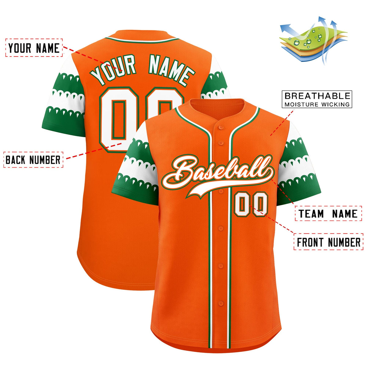 Custom Orange Kelly Green White Sleeve Flag Lace Baseball Jersey | Sublimation Printed &amp; Embroidery,Add Name and Numbern,Perfect for Teams | KXKSHOP
