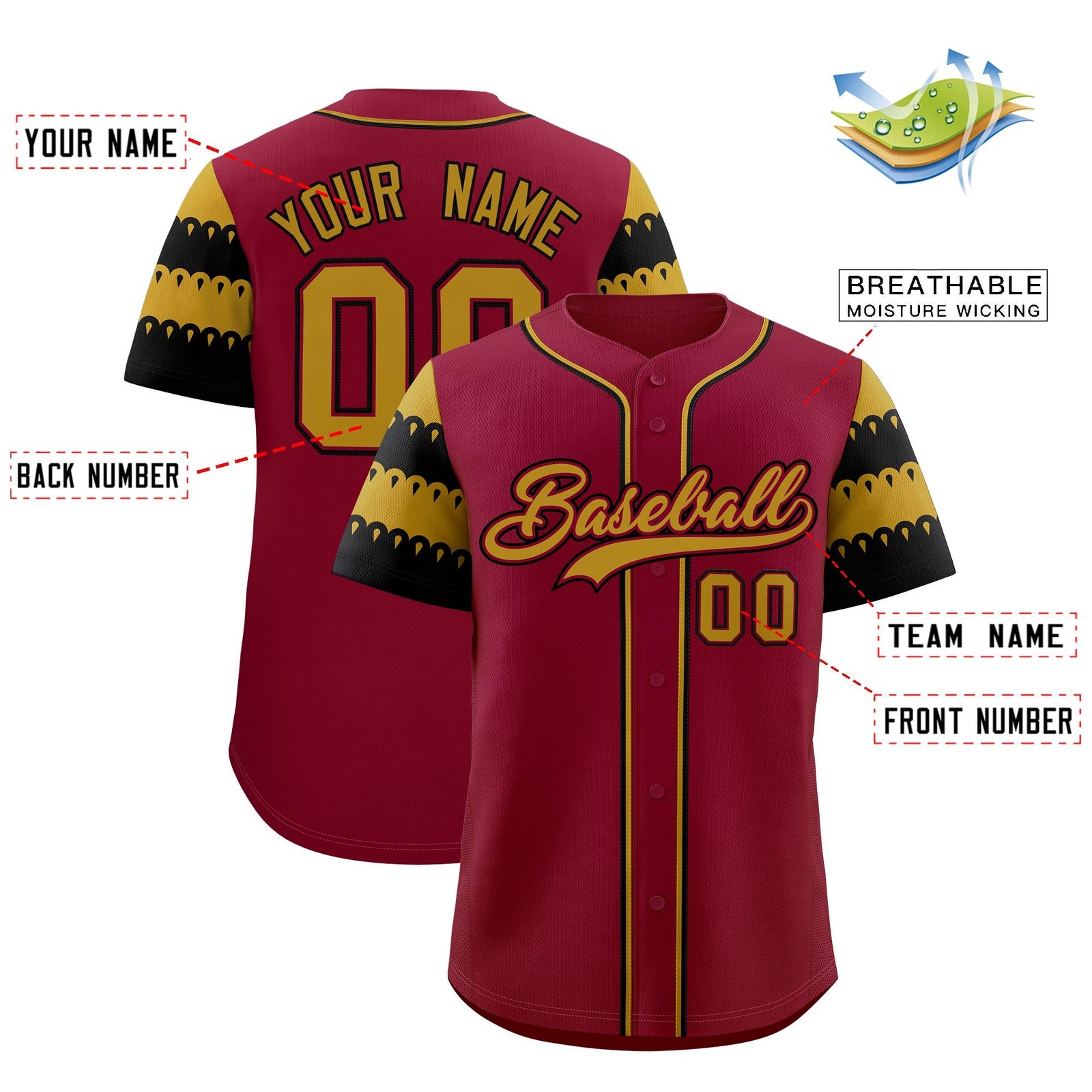 Custom Crimson Old Gold Black Sleeve Flag Lace Baseball Jersey | Sublimation Printed & Embroidery,Add Name and Numbern,Perfect for Teams | KXKSHOP