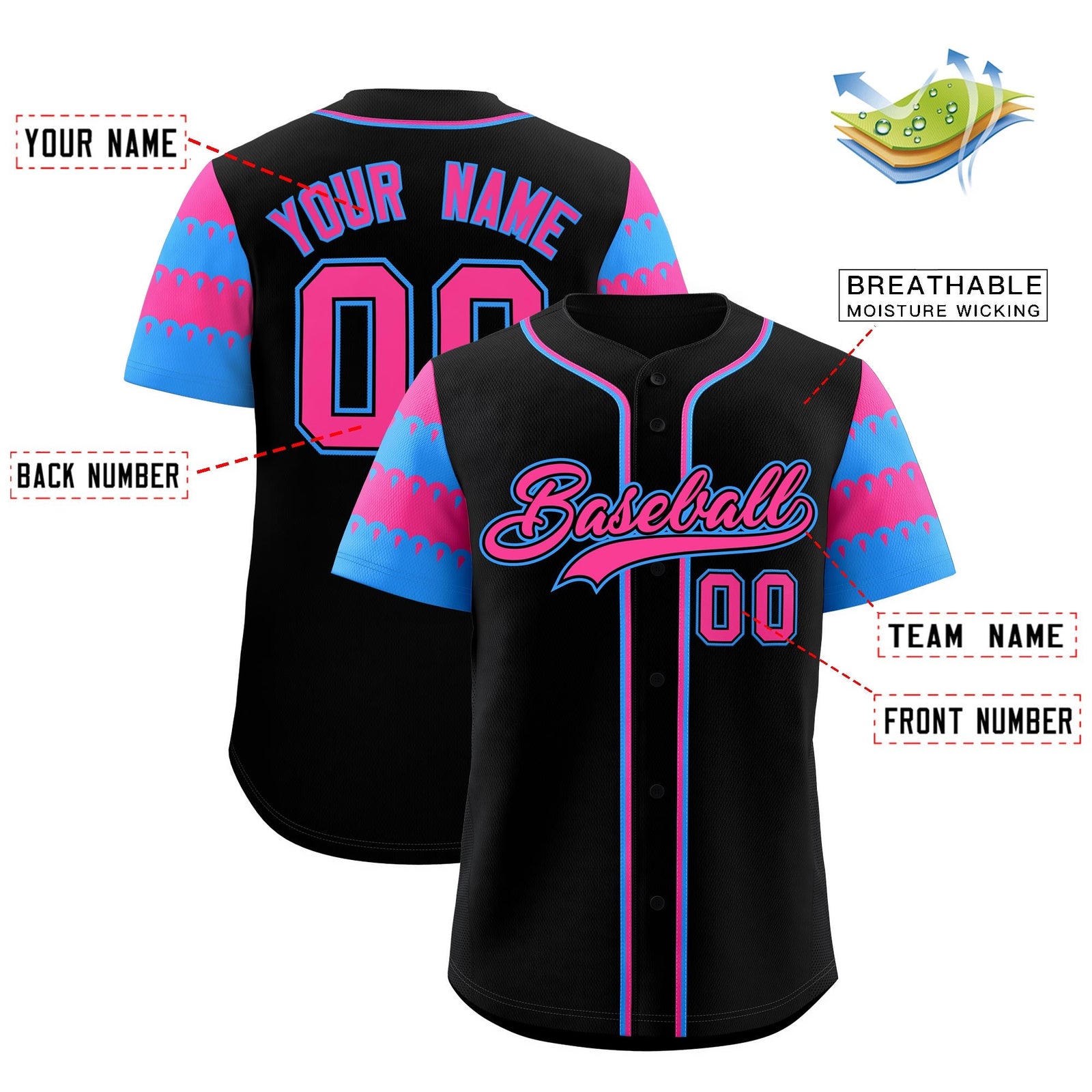 Custom Black Pink Powder Blue Sleeve Flag Lace Baseball Jersey | Sublimation Printed & Embroidery,Add Name and Numbern,Perfect for Teams | KXKSHOP