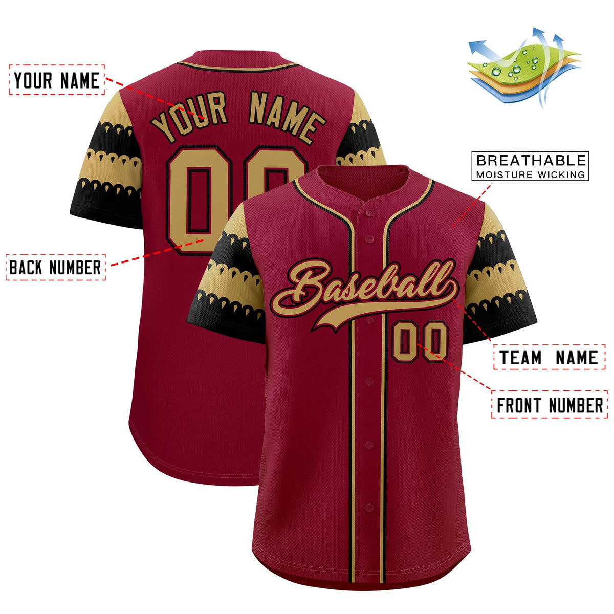 Custom Crimson Black Old Gold Sleeve Flag Lace Baseball Jersey | Sublimation Printed &amp; Embroidery,Add Name and Numbern,Perfect for Teams | KXKSHOP