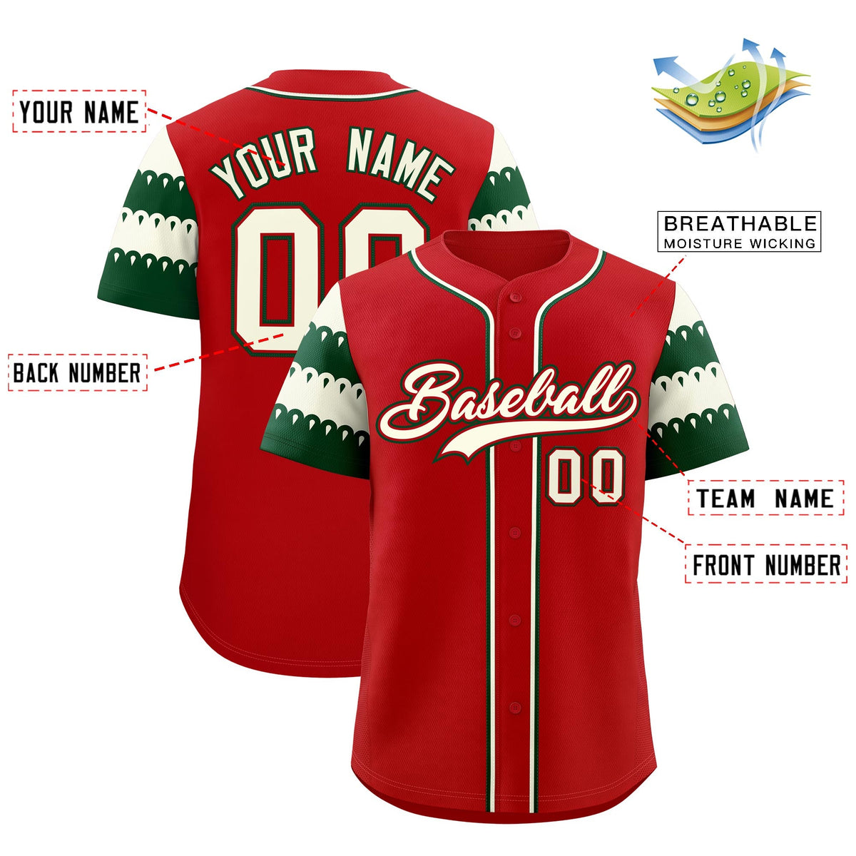 Custom Red White Green Sleeve Flag Lace Baseball Jersey | Sublimation Printed &amp; Embroidery,Add Name and Numbern,Perfect for Teams | KXKSHOP