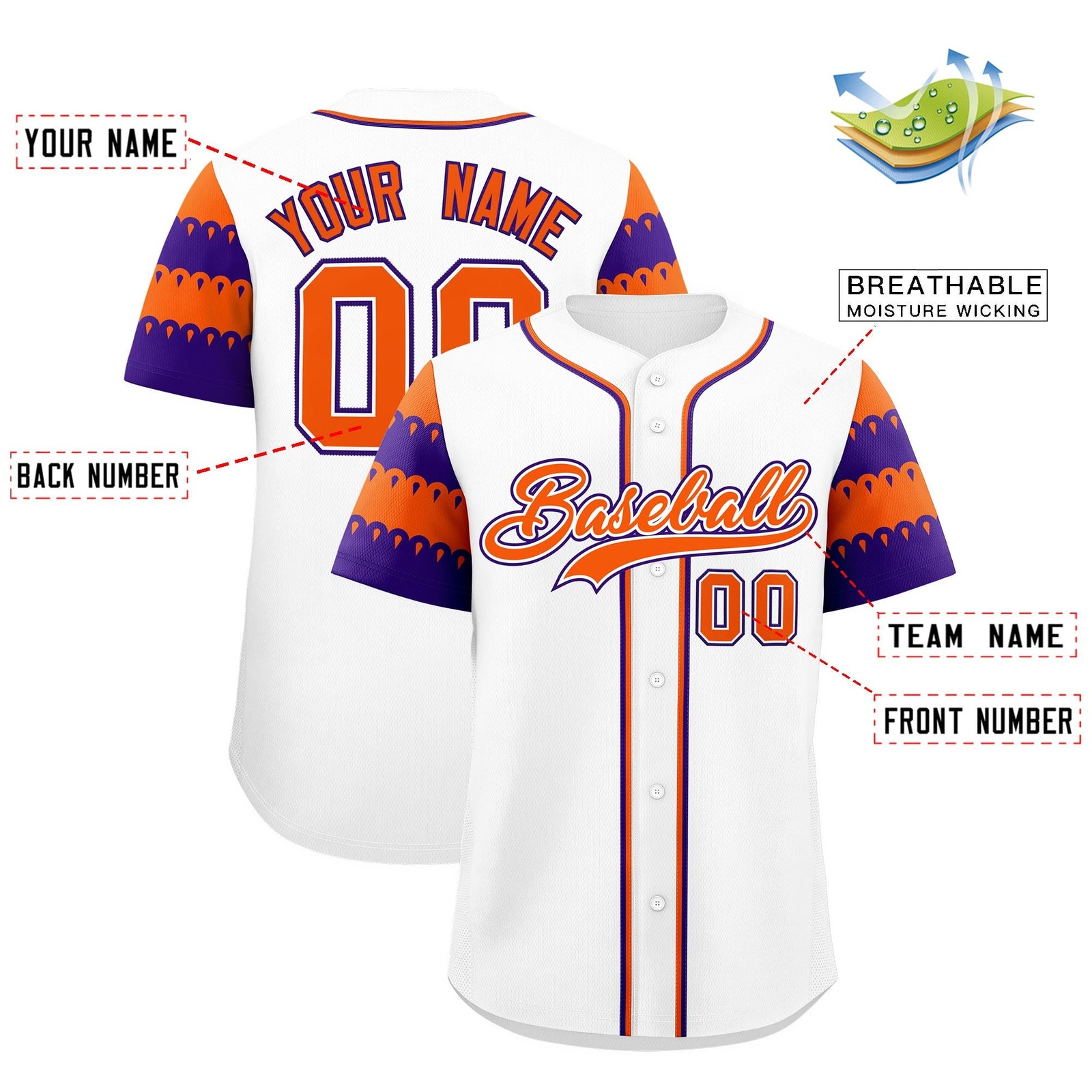 Custom White Orange Purple Sleeve Flag Lace Baseball Jersey | Sublimation Printed & Embroidery,Add Name and Numbern,Perfect for Teams | KXKSHOP