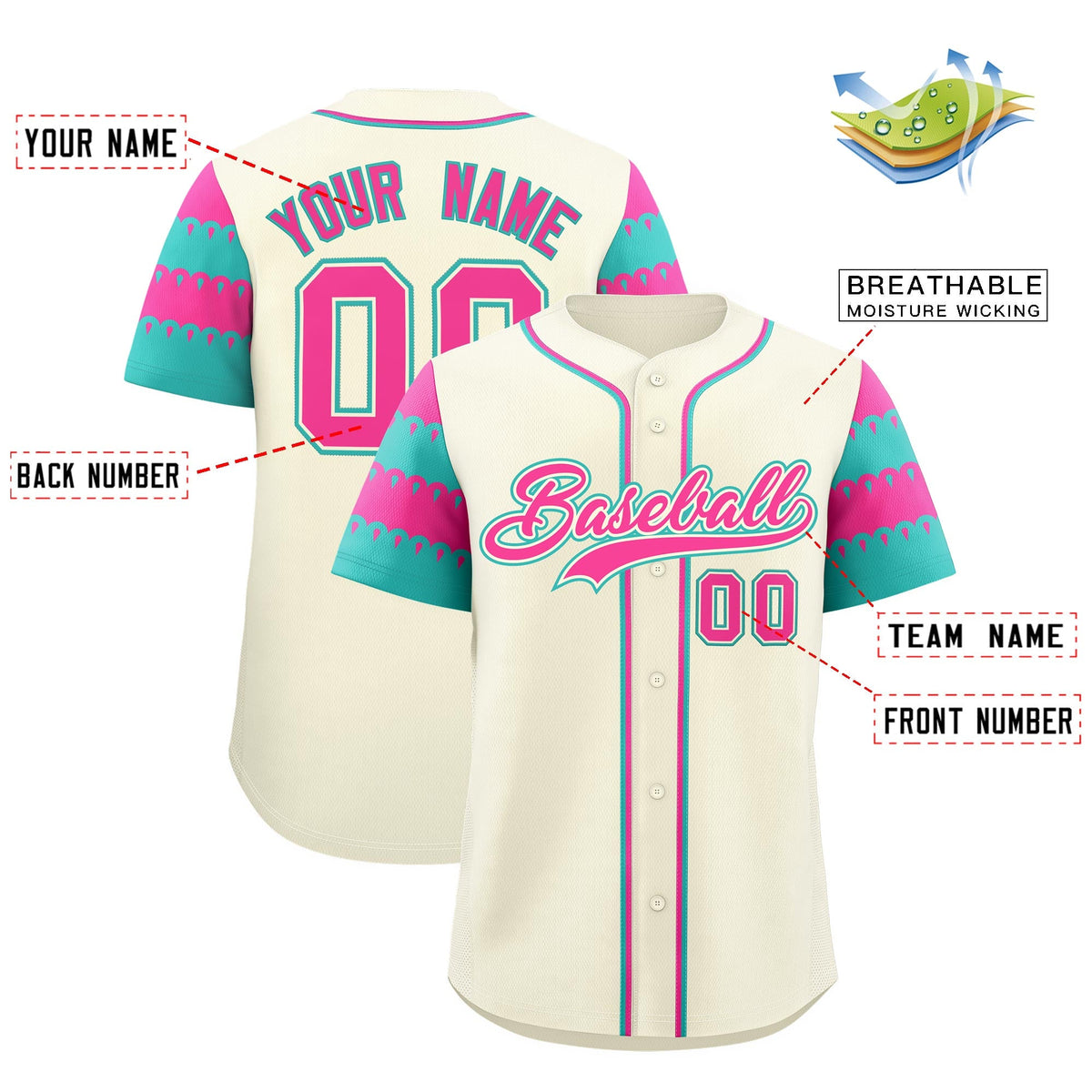 Custom Cream Pink Aqua Sleeve Flag Lace Baseball Jersey | Sublimation Printed &amp; Embroidery,Add Name and Numbern,Perfect for Teams | KXKSHOP