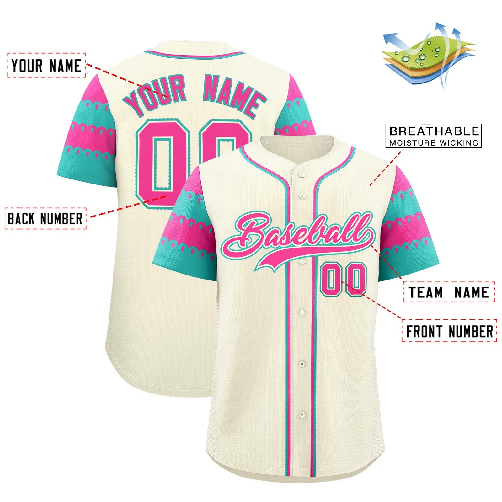 Custom Cream Pink Aqua Sleeve Flag Lace Baseball Jersey | Sublimation Printed & Embroidery,Add Name and Numbern,Perfect for Teams | KXKSHOP