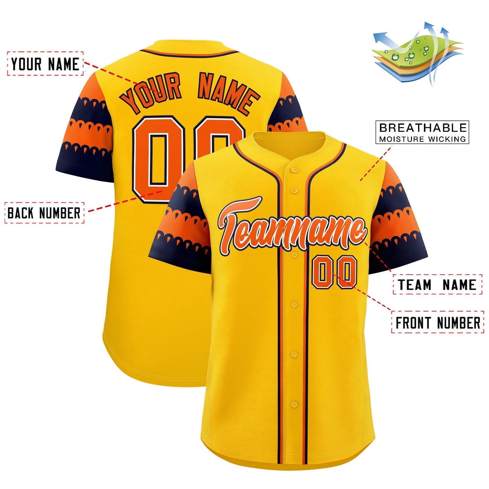 Custom Gold Orange Navy Sleeve Flag Lace Baseball Jersey | Sublimation Printed & Embroidery,Add Name and Numbern,Perfect for Teams | KXKSHOP