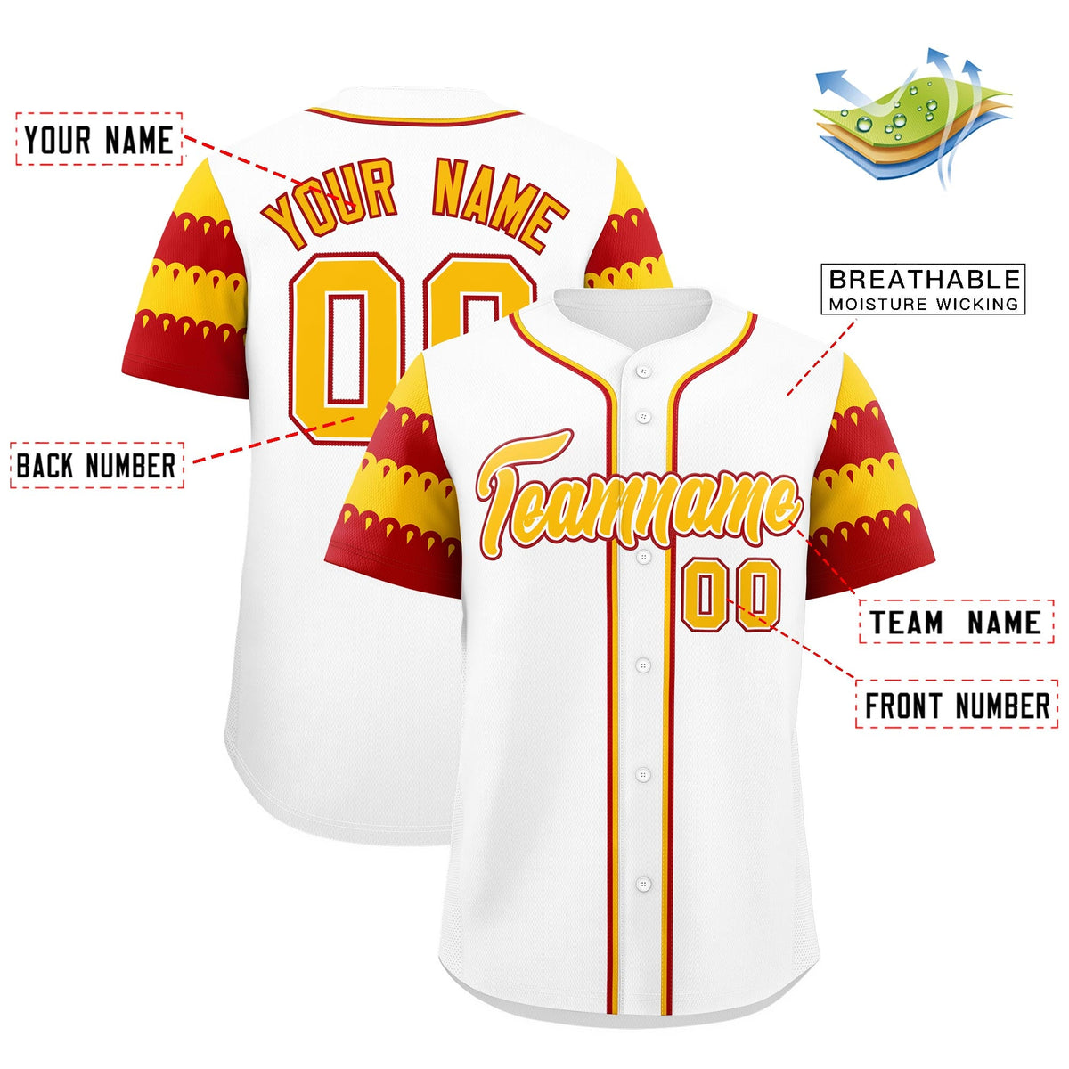 Custom White Red Gold Sleeve Flag Lace Baseball Jersey | Sublimation Printed &amp; Embroidery,Add Name and Numbern,Perfect for Teams | KXKSHOP