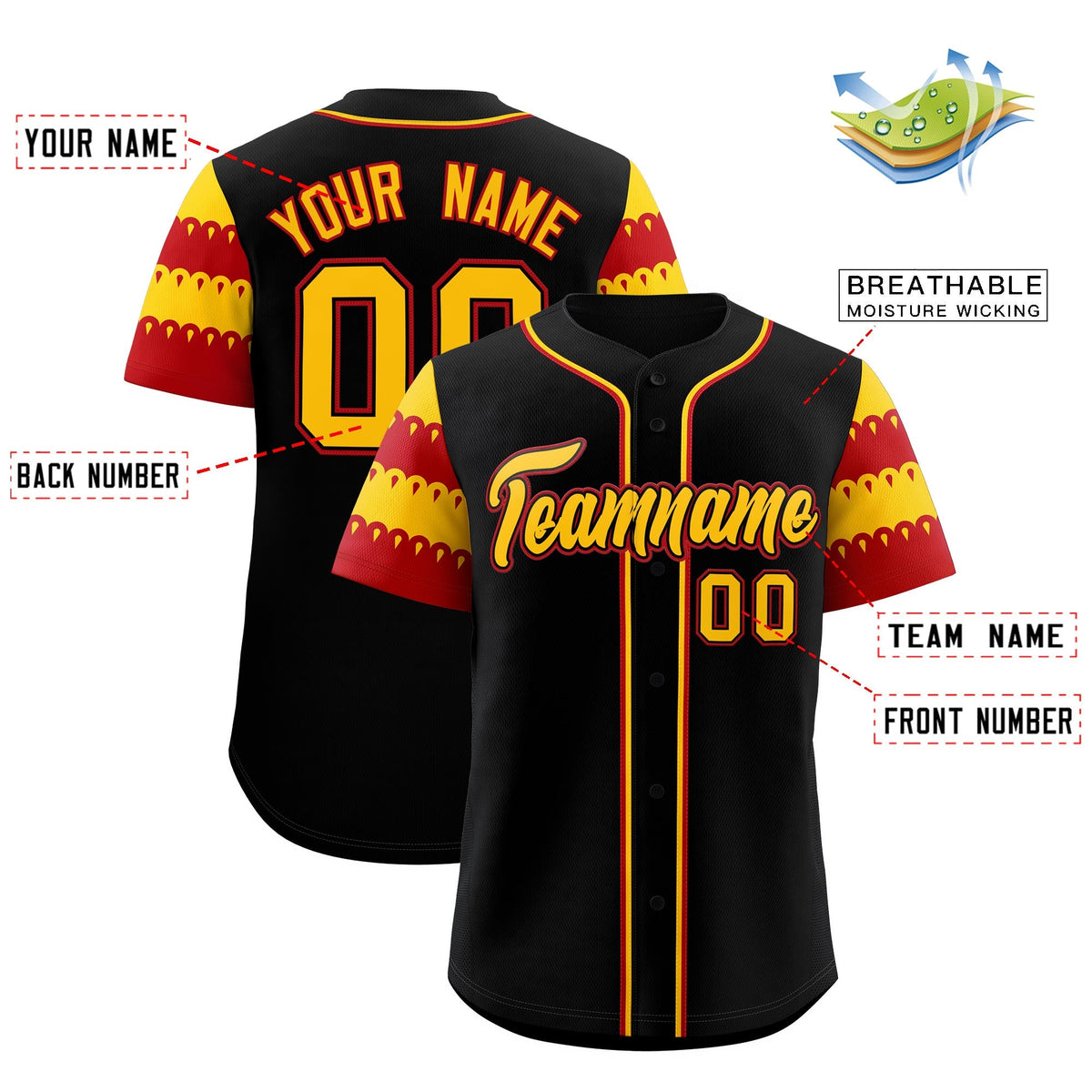 Custom Black Gold Red Sleeve Flag Lace Baseball Jersey | Sublimation Printed &amp; Embroidery,Add Name and Numbern,Perfect for Teams | KXKSHOP