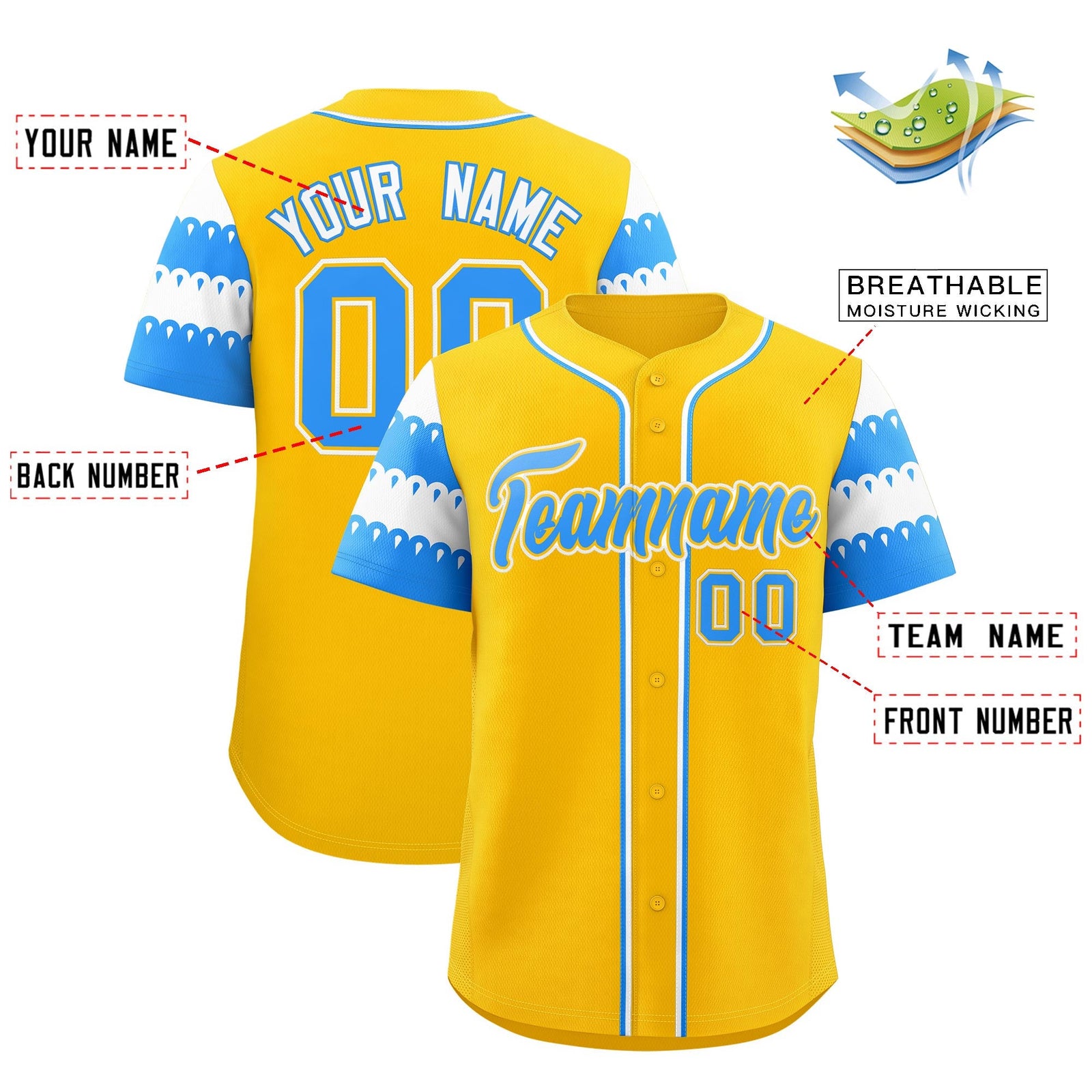 Custom Gold Powder Blue White Sleeve Flag Lace Baseball Jersey | Sublimation Printed & Embroidery,Add Name and Numbern,Perfect for Teams | KXKSHOP
