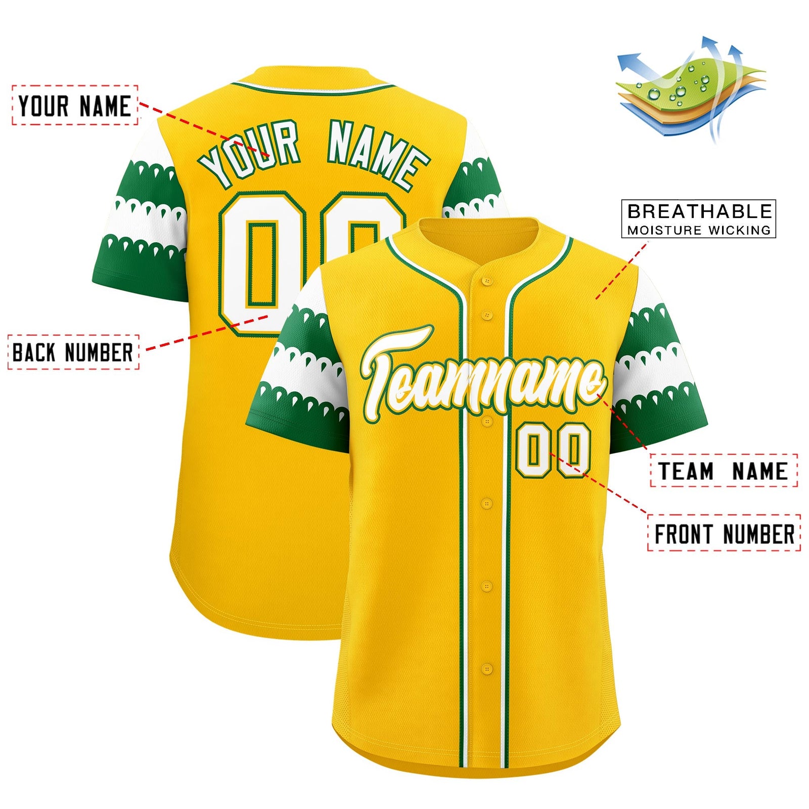 Custom Gold Kelly Green White Sleeve Flag Lace Baseball Jersey | Sublimation Printed & Embroidery,Add Name and Numbern,Perfect for Teams | KXKSHOP